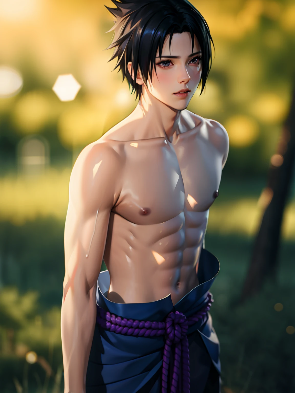 1boy, Sasuke, shirtless, purple skirt, wearing SSK_outfit, posing for a picture, left shoulder exposed, abs,  dynamic pose, (masterpiece:1.4),(best quality:1.4),(shiny skin),realistic, eastern architecture , masterpiece, highly detailed, 8K, stunning, hdr, subsurface scattering, global illumination, cinematic lighting, sunlight, realism, hyperrealistic , best quality, highres, (RAW photo:1.2), (photorealistic:1.2),(masterpiece:1.4), illustration, artstation,  Alembert Oclusion, SSAO, Bokeh, Cinematic,  Depth of Field, DOF, Vignette, Anti-Aliasing  art by sakimichan , (sakimi-style:0.8), (nixeu_soft:0.2)