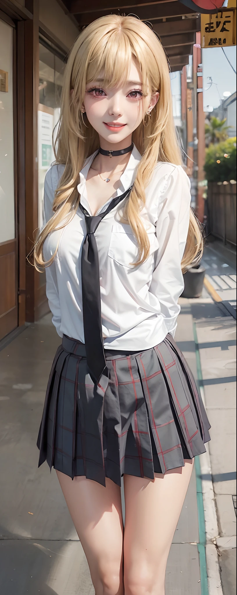 1girl, earrings, choker, jewelry, long hair, skirt, open mouth, smile, solo, arms behind back, necktie, blurry, looking at viewer, ear piercing, blonde hair, collarbone, depth of field, gyaru, blush, black choker, breasts, tatami, piercing, school uniform, shirt, kogal, white shirt, blurry background, pleated skirt, :d, black necktie, bangs