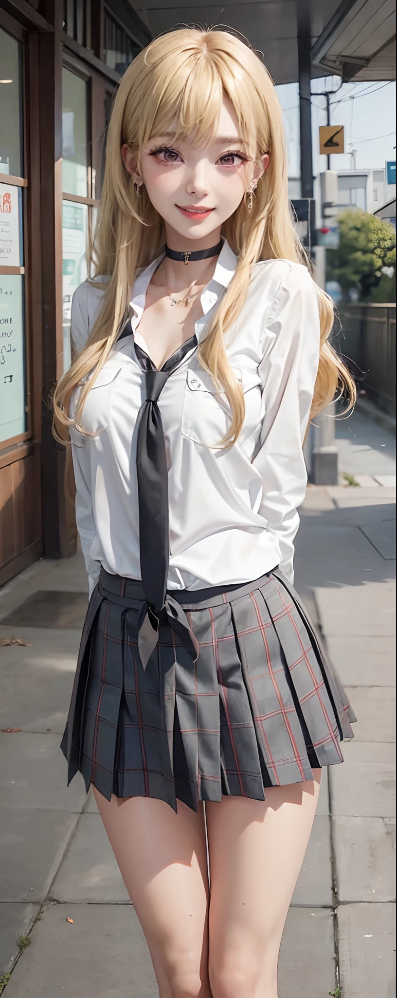 1girl, earrings, choker, jewelry, long hair, skirt, open mouth, smile, solo, arms behind back, necktie, blurry, looking at viewer, ear piercing, blonde hair, collarbone, depth of field, gyaru, blush, black choker, breasts, tatami, piercing, school uniform, shirt, kogal, white shirt, blurry background, pleated skirt, :d, black necktie, bangs