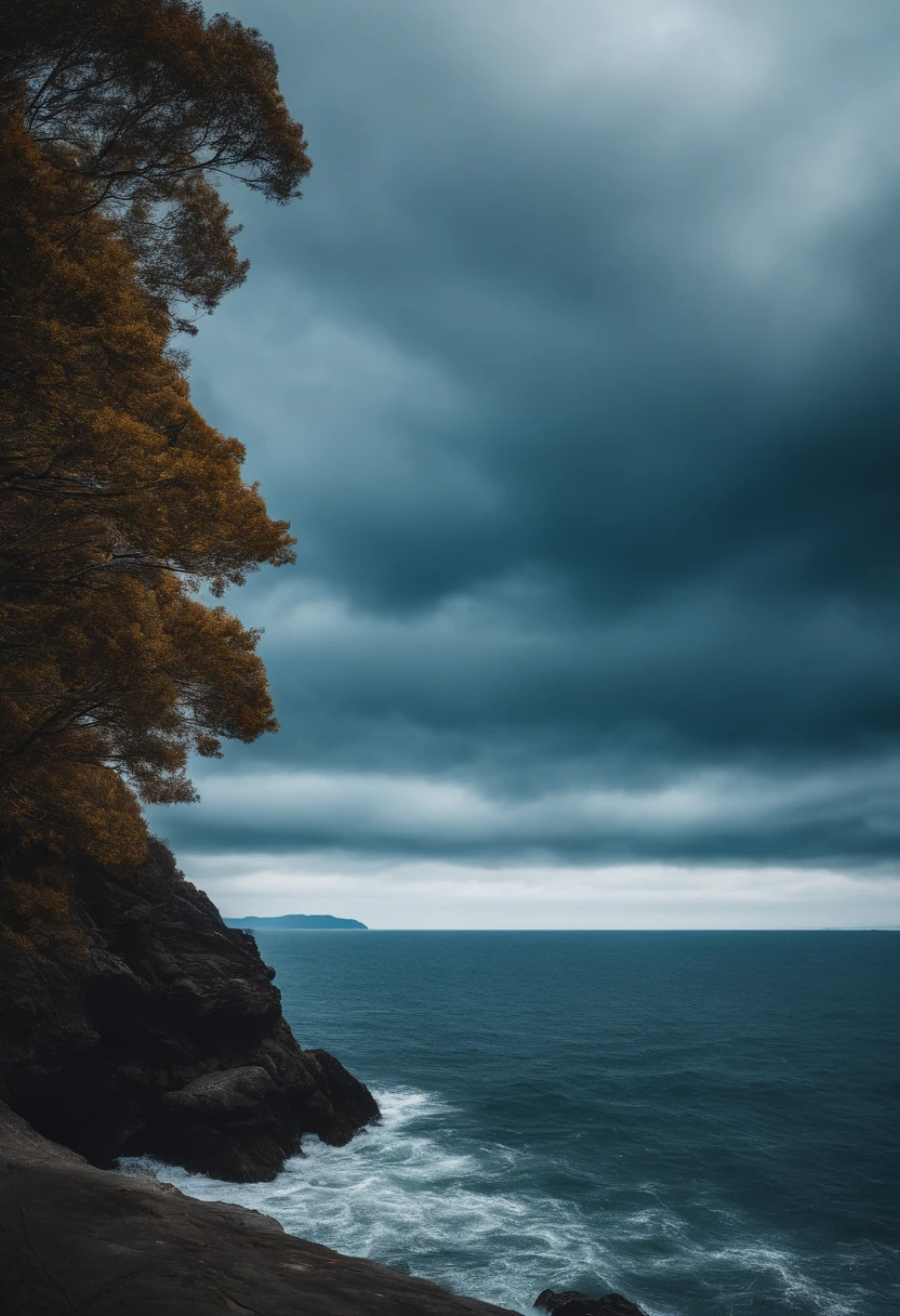 Beautiful scenery,Blue sea,Wide sea,There is a small island in the distance,Wide field of view,overcast day,deep dark background