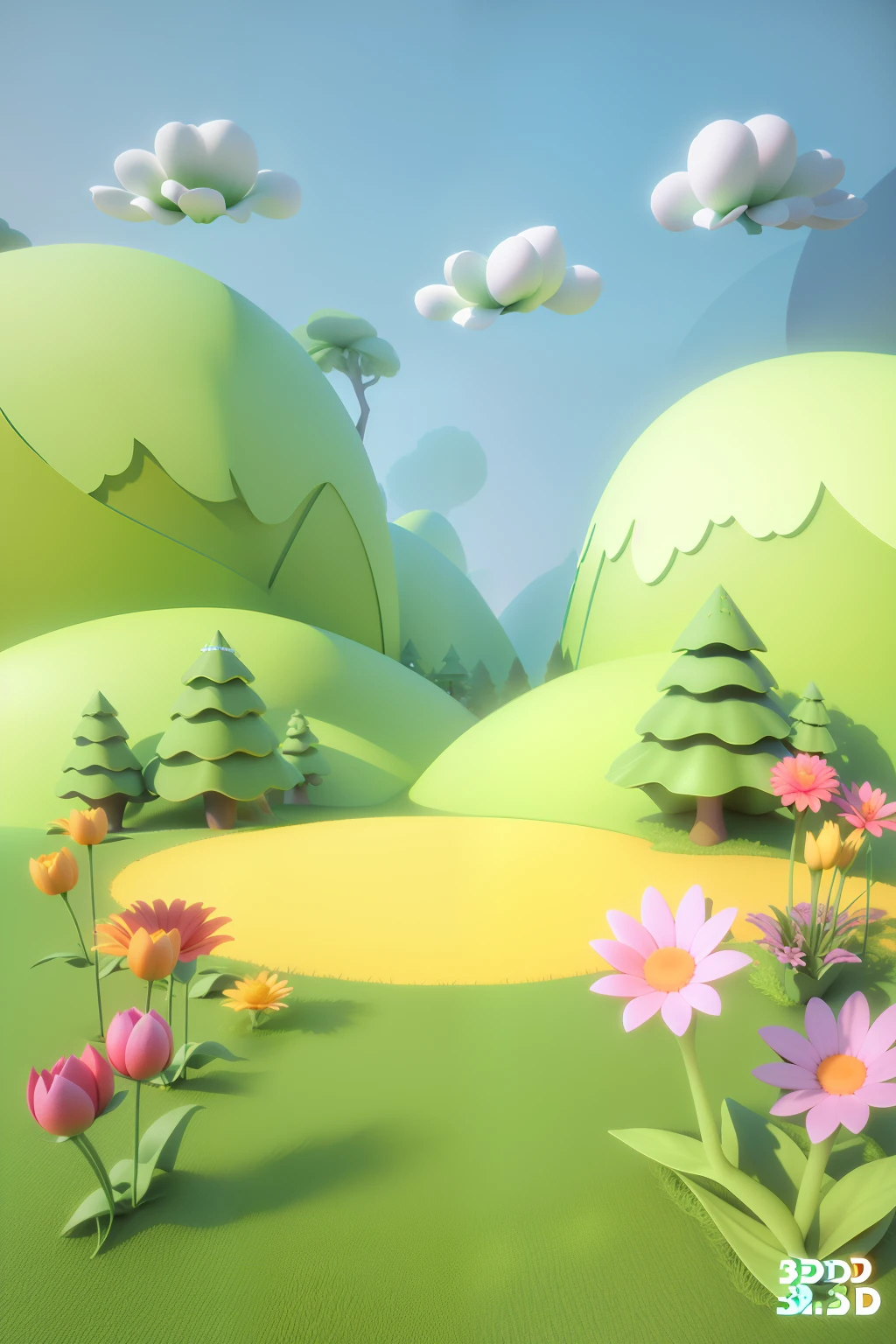 There is a 3D image of a green space,There are flowers and trees, stylized 3d render, 3 d render stylized, 3 D 插图, 3D illustration, 3d matte illustration, stylized as a 3d render, Inflatable landscape with forest, cute 3 d render, 3 d stylize scene, soft 3d render, 3d scene