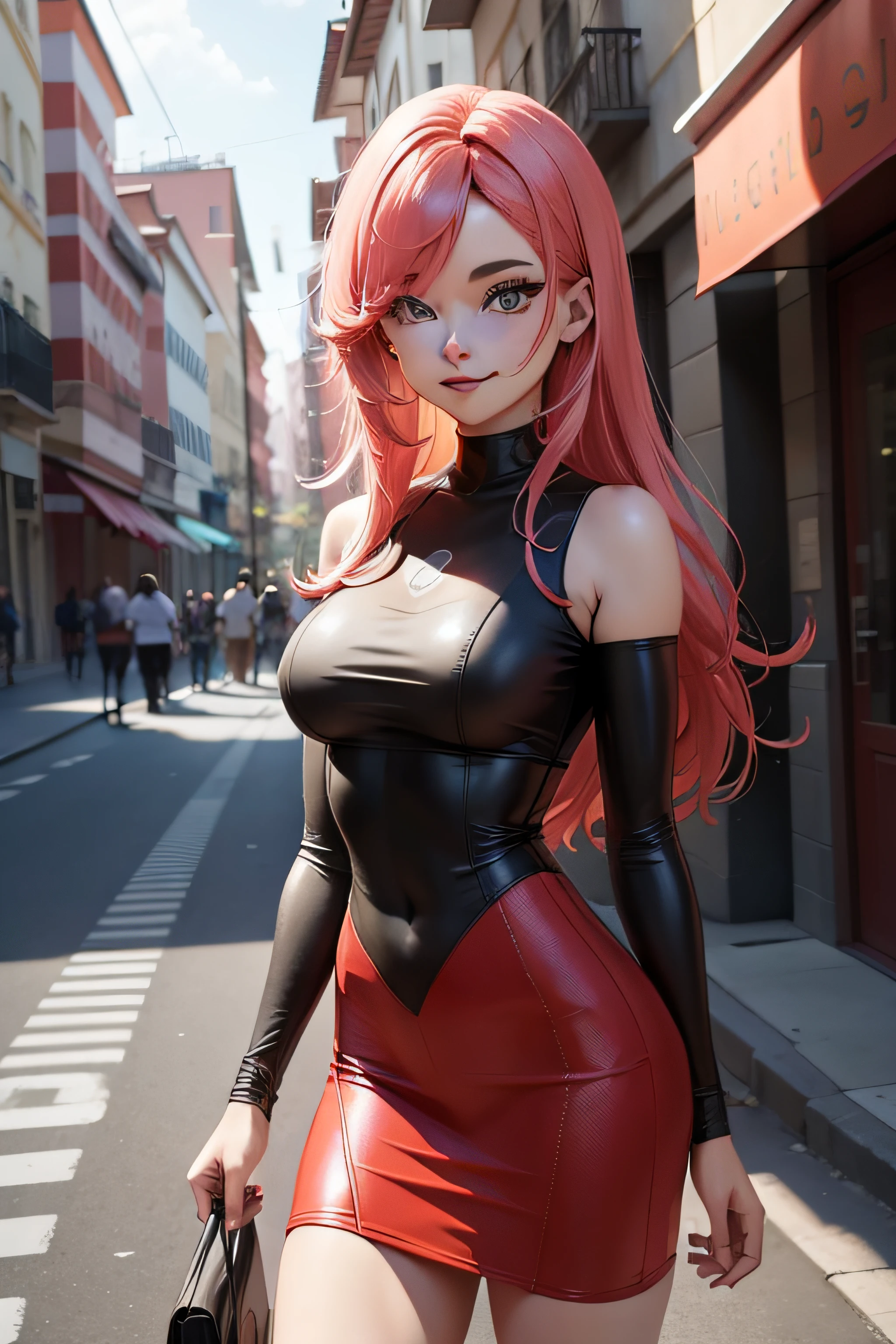 1st student, cabelos vermelhos compridos, olhos grandes, corpo inteiro, Looking at camera, correndo por uma rua, Cosplay realista, deviantart artstation cgscosiety, arte conceitual ultra realista, smiling expression