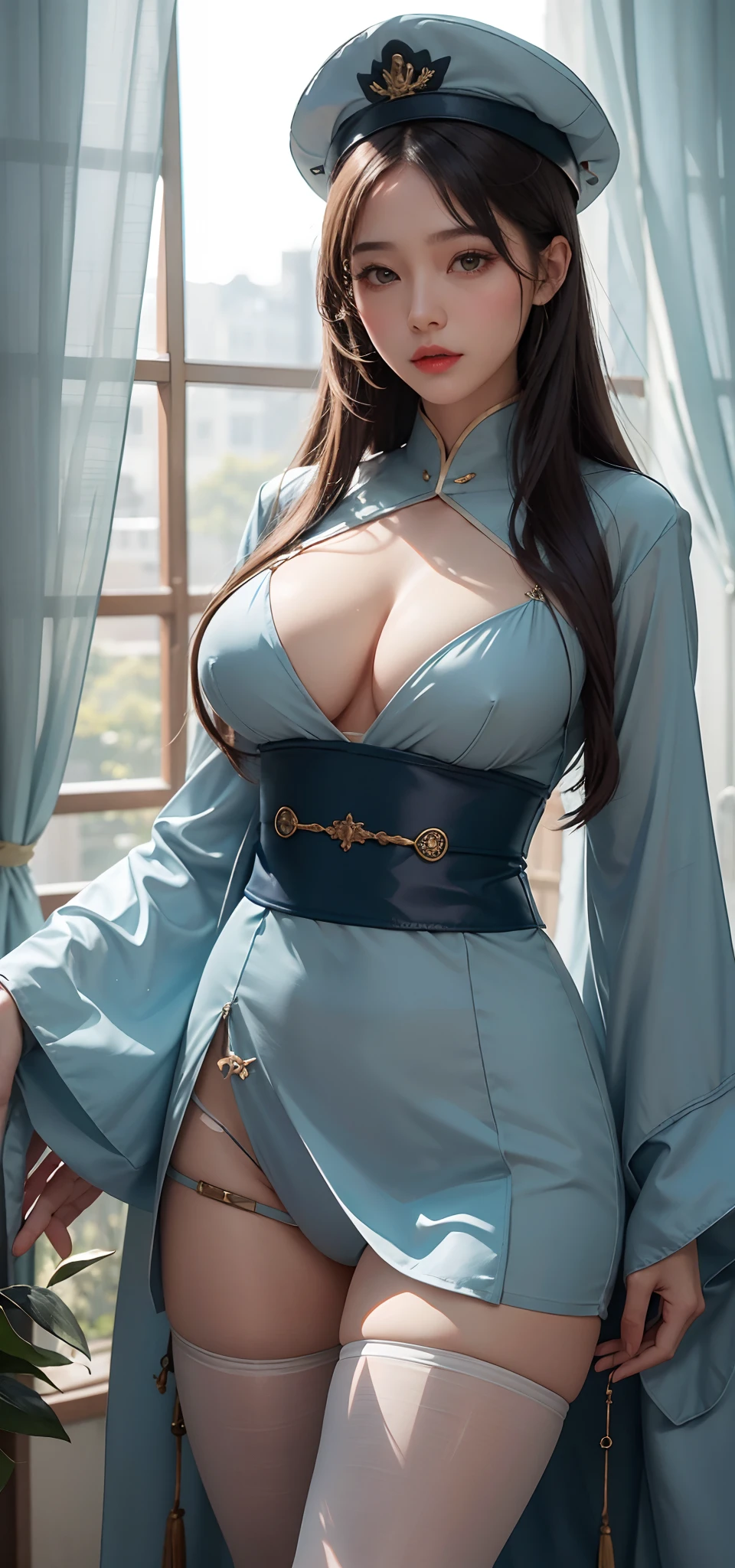 (1girll:1.3)、A MILF，熟妇，45 yers old，独奏、__Body parts__、offcial art、统一 8k 壁纸、ultra - detailed、Beauty and aesthetics、big breasts beautiful、tmasterpiece、best qualtiy、Fantastical Atmosphere、calm color palette、Tranquil Mood、soft shade、Blue transparent officer uniform、Hanfu，Charisma spells、military officer、military hat、Pantyhose，Redlip，extremely large bosom，Big breasts Thin waist，revealing breasts，Bare lower body，Camel toes，