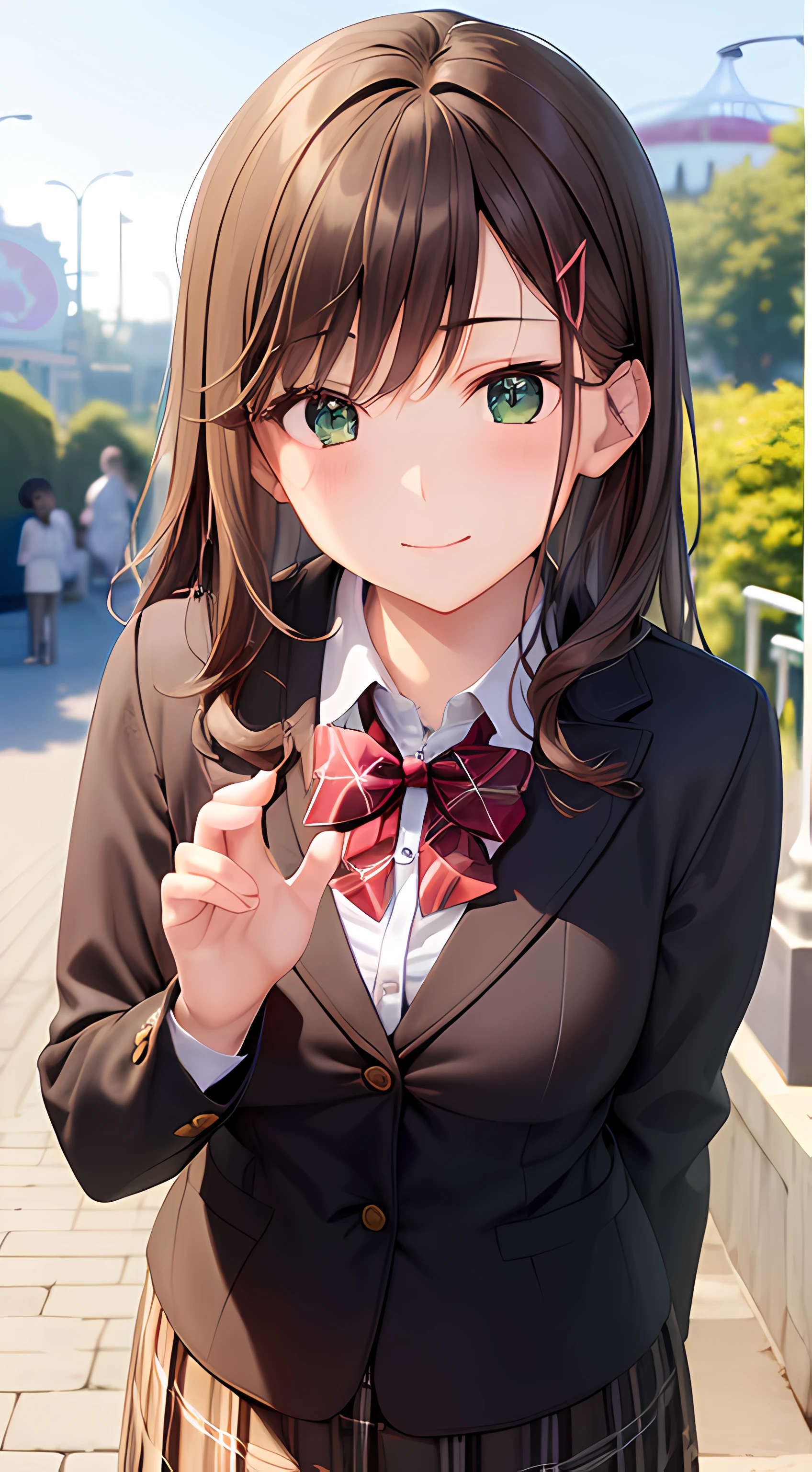 ((masterpiece, best quality, highres, UHD, perfect pixel, depth of field, 4k, RTX, HDR))), 1girl, single, solo, beautiful anime girl, beautiful artstyle, anime character, ((long hair, bangs, dark brown hair, curly hair:0.4, simple hair pin)), ((green eyes:1.4, rounded eyes, beautiful eyelashes, realistic eyes)), ((detailed face, blushing:1.2)), ((smooth texture:0.75, realistic texture:0.65, photorealistic:1.1, anime CG style)), medium breasts, ((dynamic angle, pov, close up)), perfect body, ((red bowtie, school uniform, black jacket, open jacket, brown cardigan, white shirt, black skirt, plaid skirt)), smile, amusement park, hands behind back, leaning forward, cherry blossoms