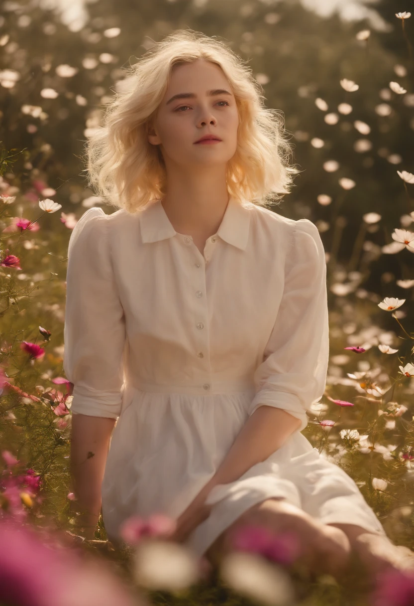 Very short hairstyle(medium close-up), fat girl,Cosmos Field,(((Cosmos blooms profusely))),(((cosmos))),Autumn sunshine pouring down from behind、The atmosphere of Elle Fanning,tiarra,cotton dress,(((thighs thighs thighs thighs))),bare-legged,white hair,Curly,angry looking face,12-yeaoldl,shohaired,soft sunlight,(((birdseye view))),Sauce order,up of face,Kamimei,(((hitornfreckles)))