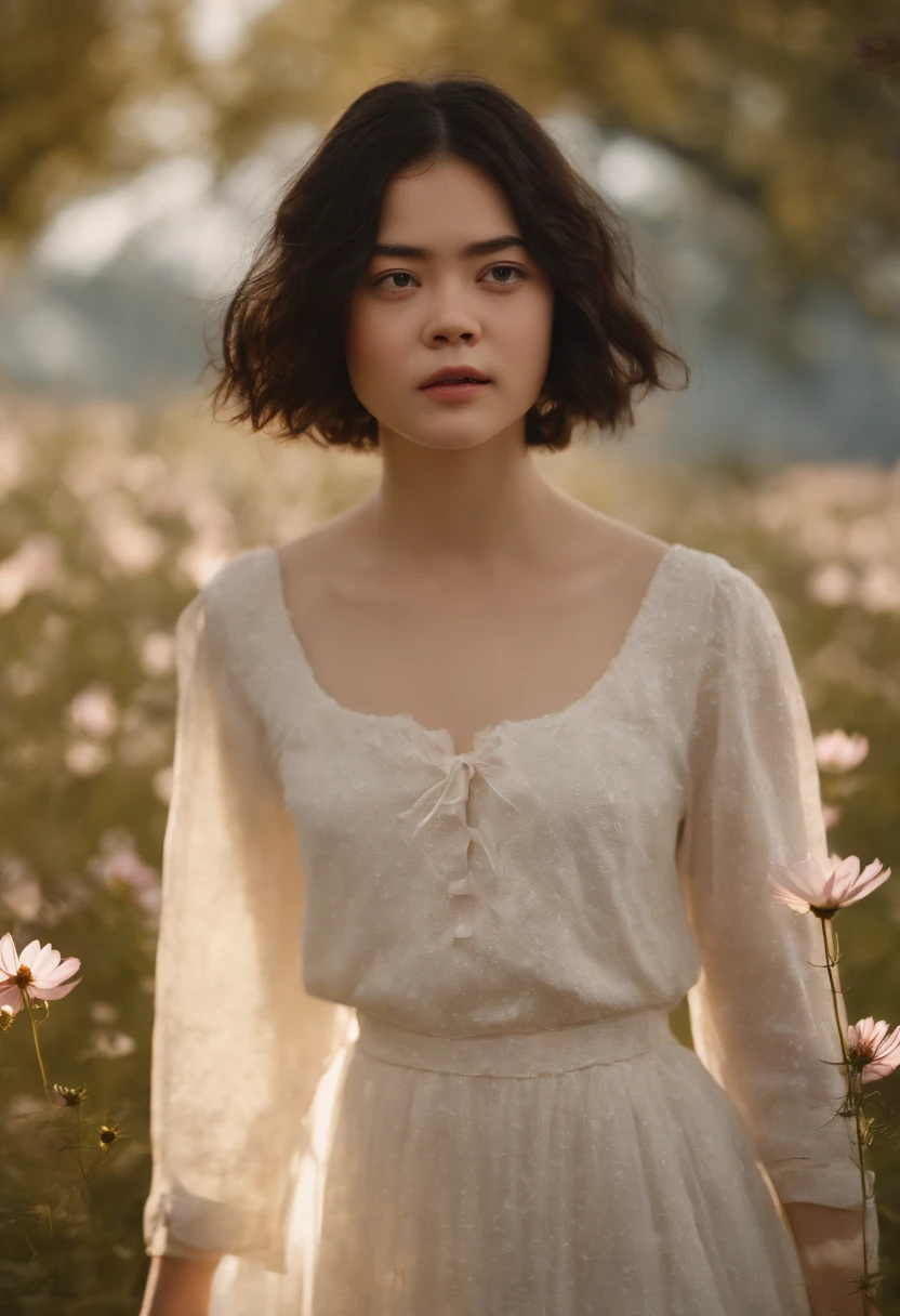 Very short hairstyle(medium close-up),Little fat girl,Cosmos Field,(((Cosmos blooms profusely))),(((cosmos))),Autumn sunshine pouring down from behind、The atmosphere of Elle Fanning,tiarra,cotton dress,(((thighs thighs thighs thighs))),bare-legged,white  hair,Curly,angry looking face,12-year-old girl,short-haired,soft sunlight,(((birdseye view))),Sauce order,up of face,Kamimei,(((hitornfreckles)))