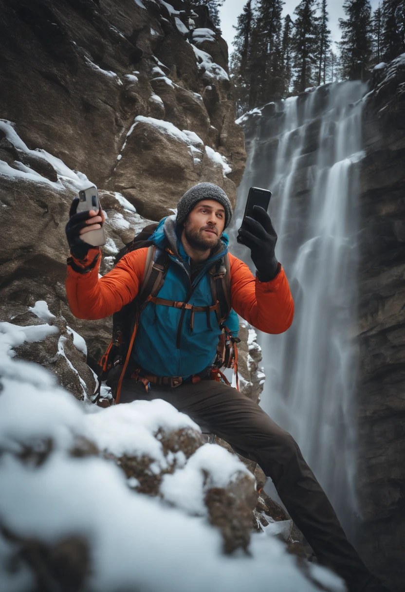 Man takes selfie on cliff,Snow Mountain, cliff, (1 man: 1.2), (Manlock Climbing: 1.4), Ice Axe, Lifeline, backpack, Polarized glasses, Ice Waterfall, band,Brave climbers fight against stone walls in winter clothes., ????????, hook, Vertical stone wall,danger,exciting,People Focus,(10, 16K, Award-winning, bestquality, high-res, super detail,ultra-detail, anatomically correct, Masute Piece)