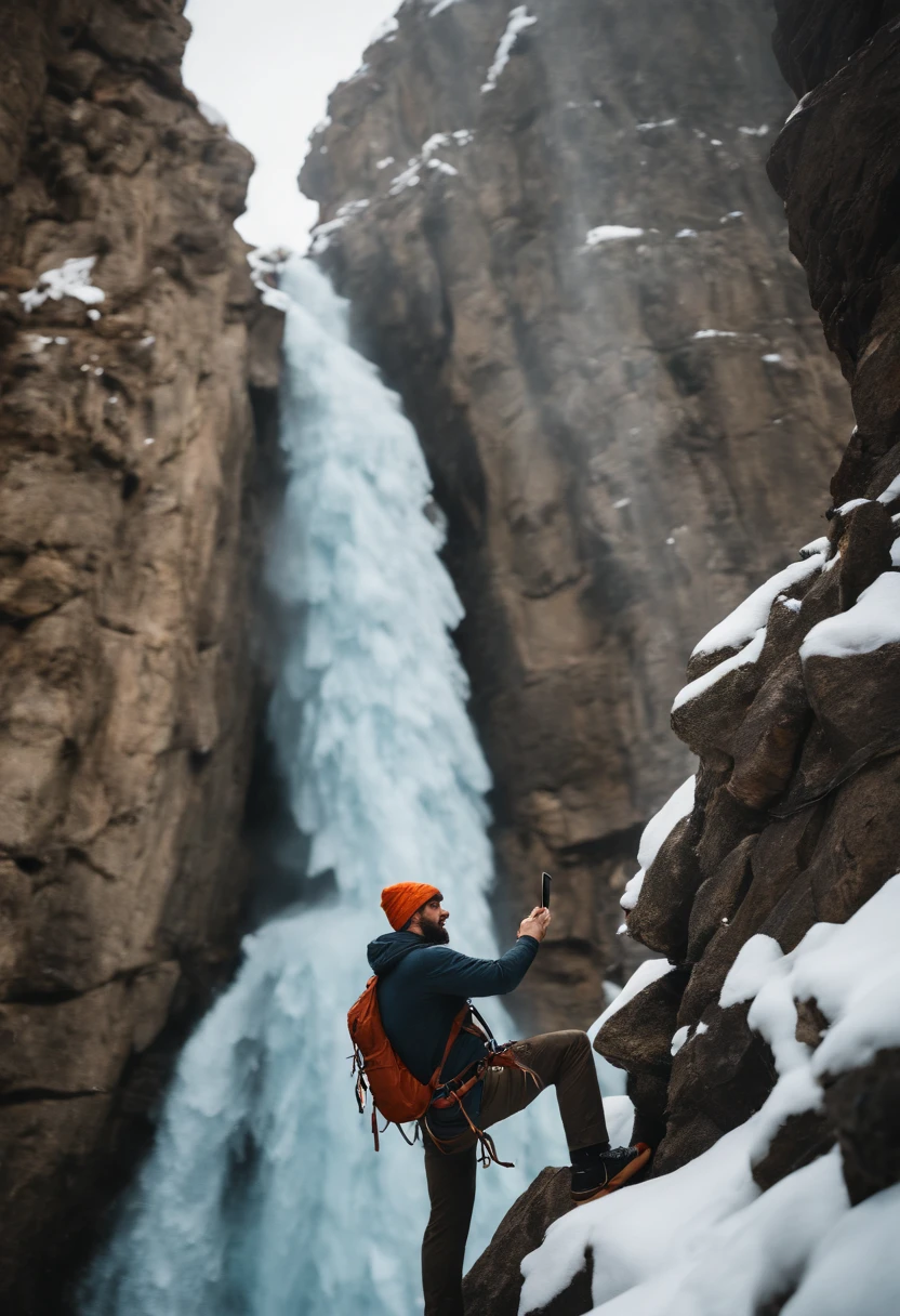 Man takes selfie on cliff,Snow Mountain, cliff, (1 man: 1.2), (Manlock Climbing: 1.4), Ice Axe, Lifeline, backpack, Polarized glasses, Ice Waterfall, band,Brave climbers fight against stone walls in winter clothes., Cannabis, hook, Vertical stone wall,danger,exciting,People Focus,(10, 16K, Award-winning, bestquality, high-res, super detail,ultra-detail, anatomically correct, Masute Piece)