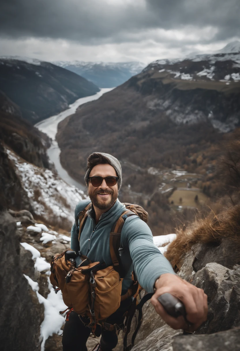 Man takes selfie on cliff,Snow Mountain, cliff, (1 man: 1.2), (Manlock Climbing: 1.4), Ice Axe, Lifeline, backpack, Polarized glasses, Ice Waterfall, band,Brave climbers fight against stone walls in winter clothes., Cannabis, hook, Vertical stone wall,danger,exciting,People Focus,(10, 16K, Award-winning, bestquality, high-res, super detail,ultra-detail, anatomically correct, Masute Piece)