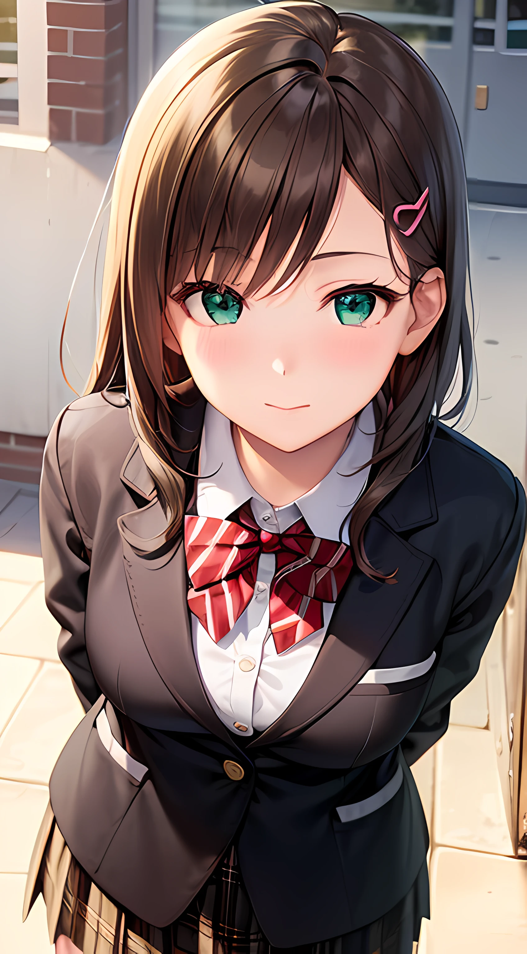 ((masterpiece, best quality, highres, UHD, perfect pixel, depth of field, 4k, RTX, HDR))), 1girl, single, solo, beautiful anime girl, beautiful artstyle, anime character, ((long hair, bangs, dark brown hair, curly hair:0.4, simple hair pin)), ((green eyes:1.4, rounded eyes, beautiful eyelashes, realistic eyes)), ((detailed face, blushing:1.2)), ((smooth texture:0.75, realistic texture:0.65, photorealistic:1.1, anime CG style)), medium breasts, dynamic angle, perfect body, ((red bowtie, school uniform, black jacket, open jacket, brown cardigan, white shirt, black skirt, plaid skirt)), smile, amusement park, hands behind back, leaning forward, cherry blossoms