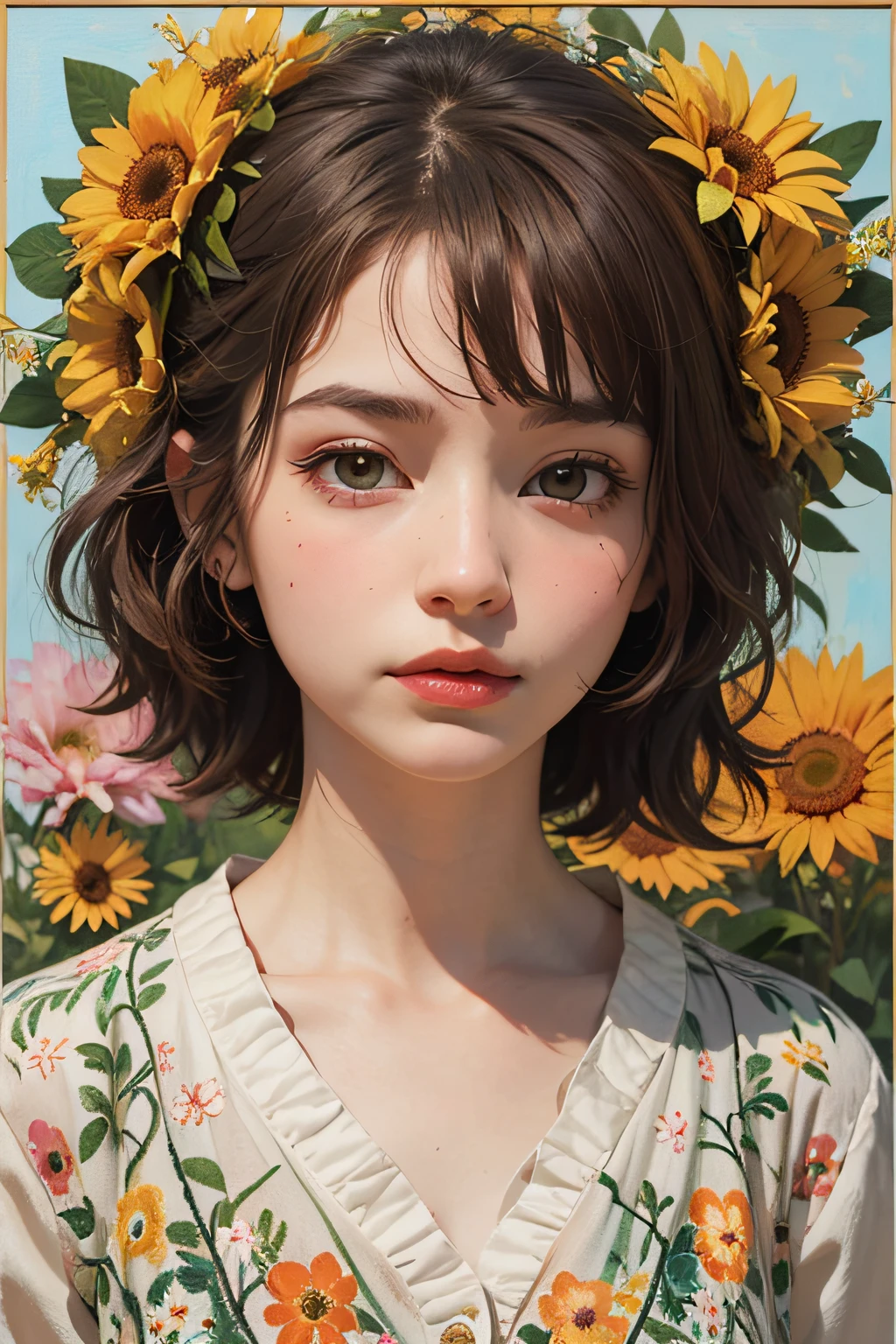 The Lady with the Flower on Her Head is an acrylic painting, In the style of Lucy Grendingning, Tony Ditrizzi, Organic and naturalistic ingredients, Flower explosion, Ferris Prok, Light orange and brown, Serenity Face - AR 3:4 -