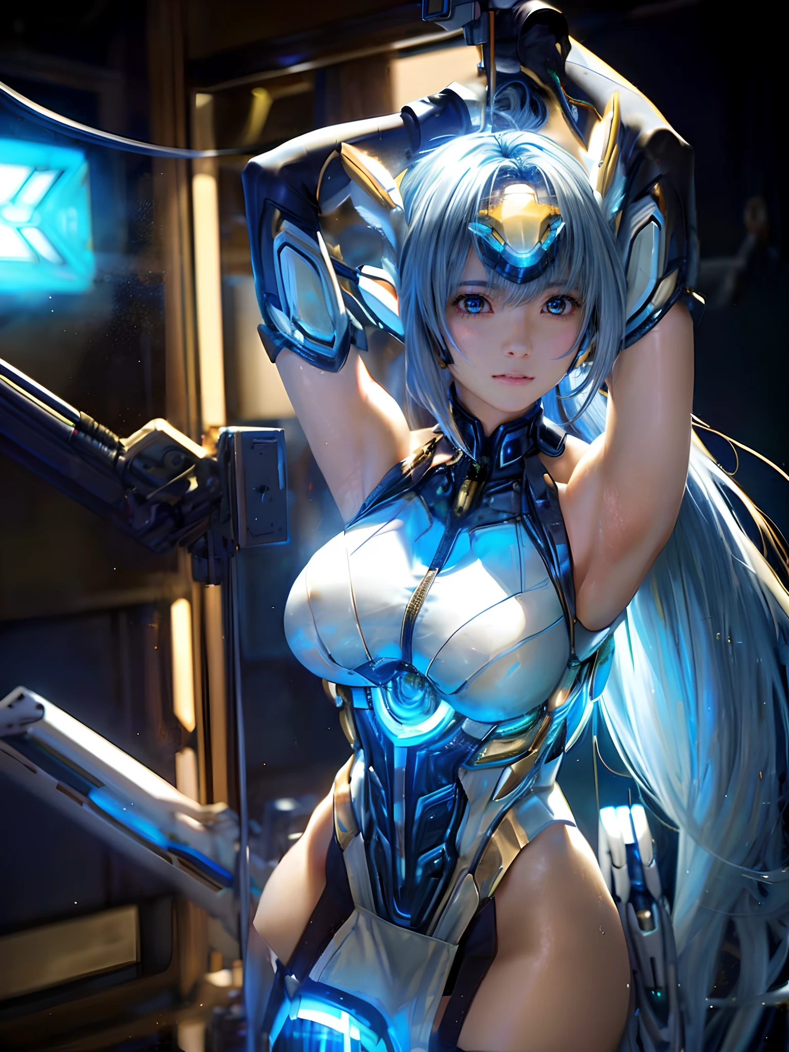 top-quality、​masterpiece、超A high resolution、(Photorealsitic:1.4)、***1人、Light blue hair、Straight hair, shiny and clean hair、White shiny skin、Sexy Cyberpunk Girl、((super realistic details))、Shadow、octan render、ultrasharp、hyperdetailed face、Fiberglass、Luminous tube、highly intricate detail、Realistic light、CGSoation Trends、((Golden Eyes))、(Facing the camera)、neon details、Mechanical limbs、Mechanical vertebrae attached to the back、mechanical cervical attaching to neck、Wires and cables connecting to the head、((valkyrie))、((Beam Cannon))、Combat stance