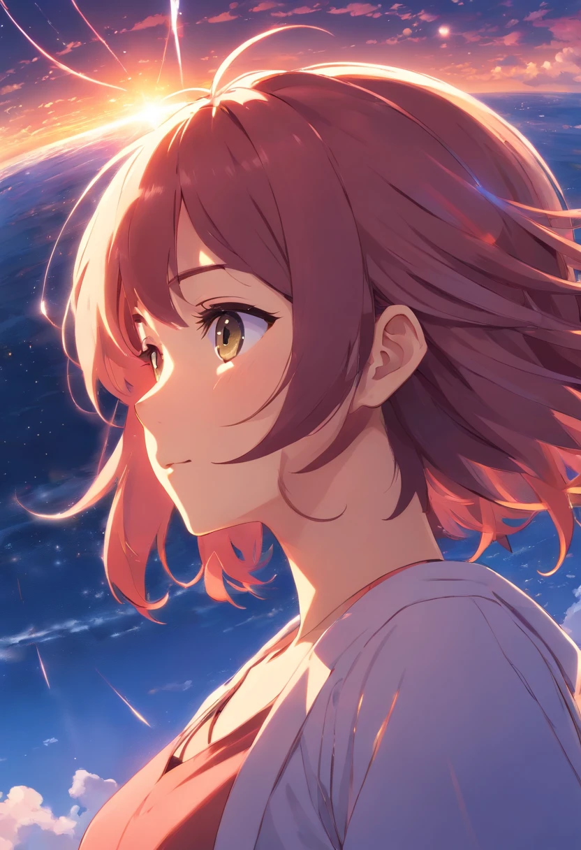 obra-prima, melhor qualidade, filme ainda, 1girl, garota nuvem, floating into the sky, close-up, brilhante, feliz, Soft lighting and Warm, sun sunset, (Sparks: 0,7),enorme conjunto de nuvens em espiral,elfa anime de cabelos vermelhos,staff raised towards the spiral, vista de perfil ,