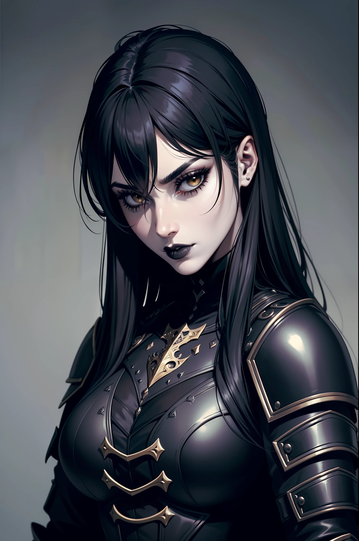 portrait of a human female rogue,dark and mysterious,mischievous smile,dramatic lighting,evil and captivating eyes,long flowing dark hair,powerful and confident pose,wearing black leather attire,holding a dagger,hint of smoke and shadows in the background,[sinister],[charcoal on canvas],[high contrast],deep red and black color palette, dark fantasy