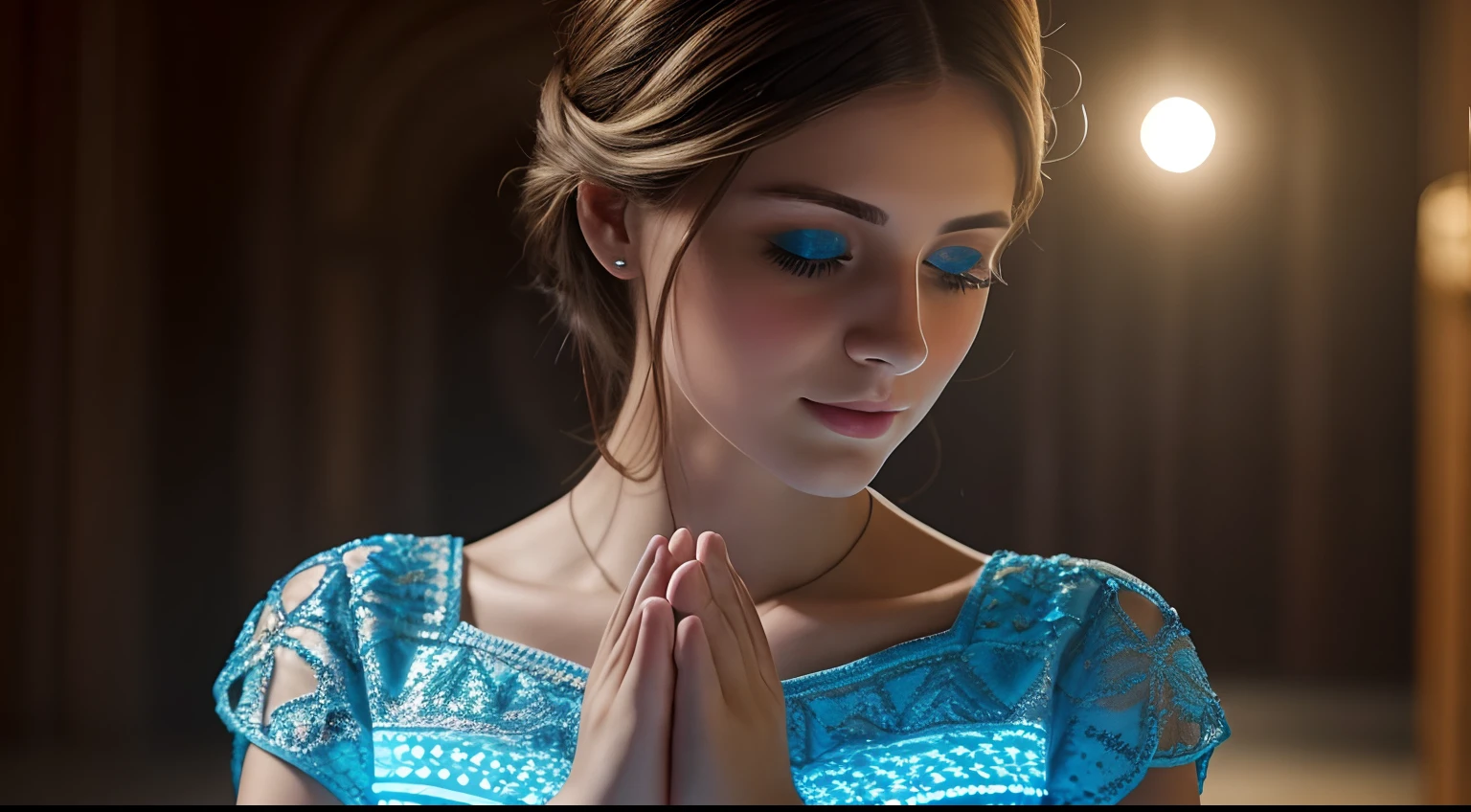 A beautiful young Ukrainian woman with blue eyes, hands clasped in a prayer gesture, praying with a bright glow surrounding her face and shoulders. She is wearing normal clothing with a high level of realism and many detailed features