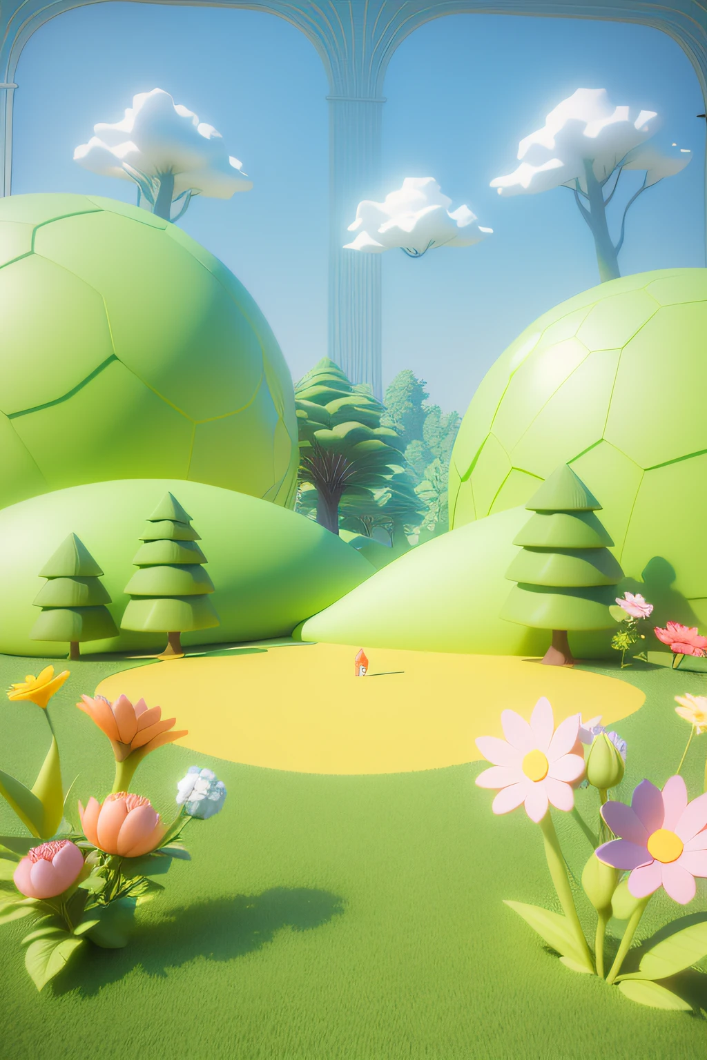 3D image with green space,There are flowers and trees, stylized 3d render, 3 d render stylized, 3 D 插图, 3D illustration, 3d matte illustration, stylized as a 3d render, Inflatable landscape with forest, cute 3 d render, 3 d stylize scene, soft 3d render, 3D scene