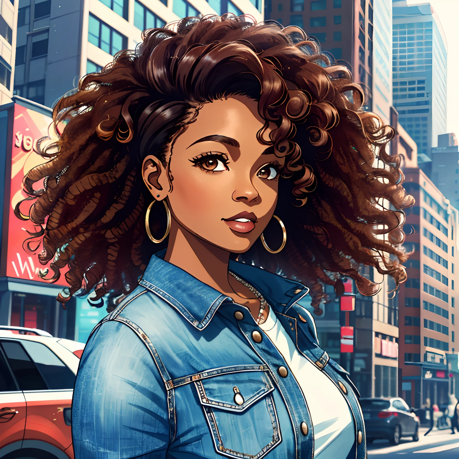 (a 35 year old woman)| (a girl:1.1), brown skin, portrait, curly long hair, barely any makeup, super detailed, modern style, city, direct look, contoured.