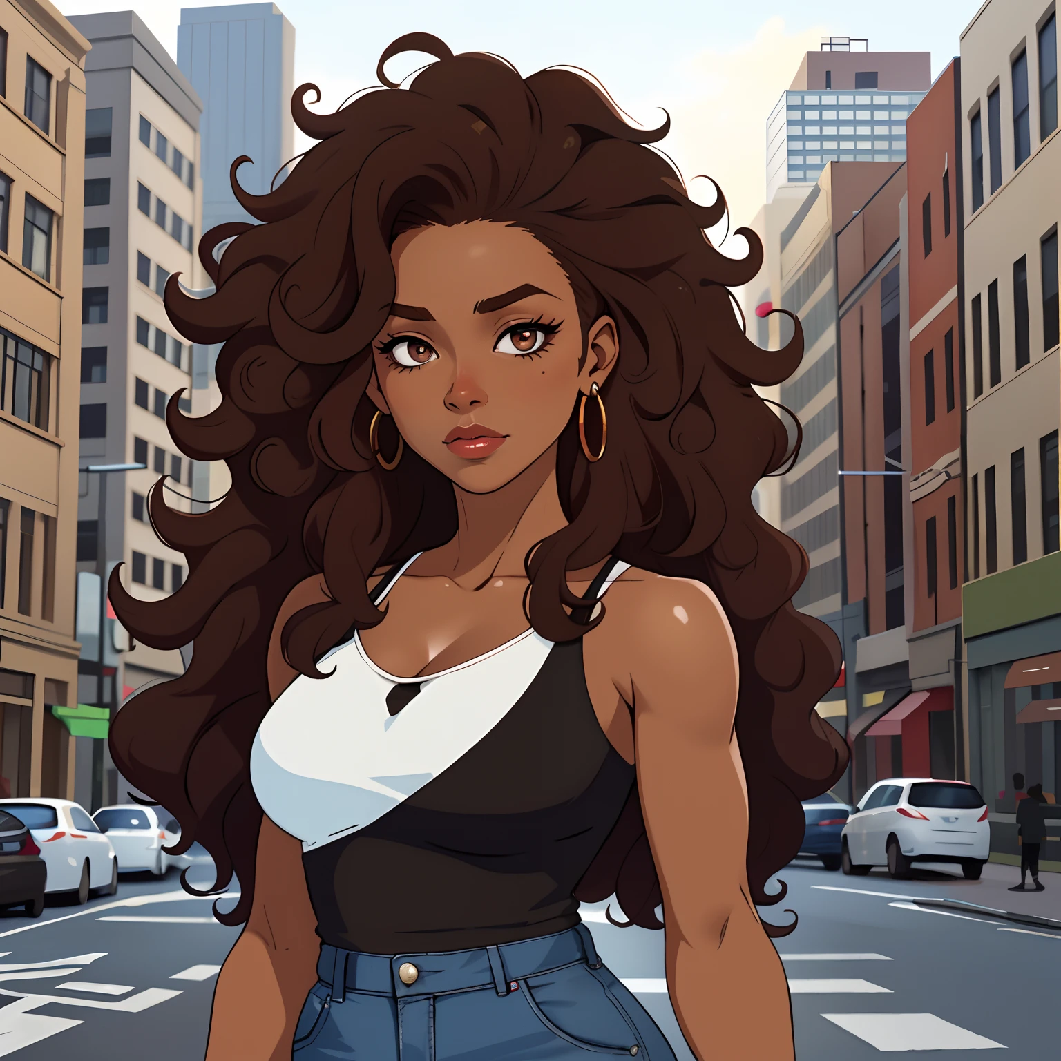 (a 35 year old woman)| (a girl:1.1), brown skin, portrait, curly long hair, barely any makeup, super detailed, modern style, city, direct look, contoured.