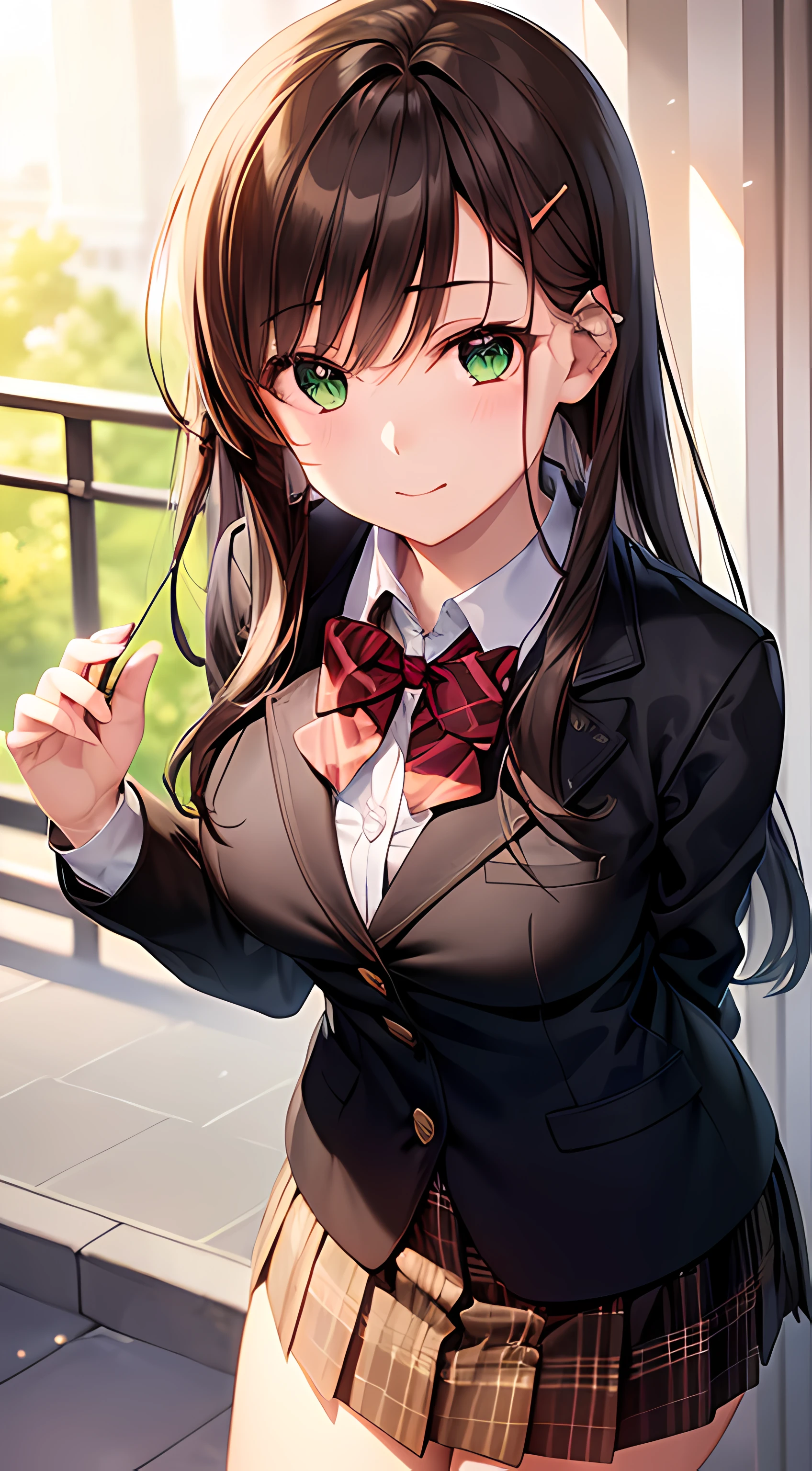 ((masterpiece, best quality, highres, UHD, perfect pixel, depth of field, 4k, RTX, HDR))), 1girl, single, solo, beautiful anime girl, beautiful artstyle, anime character, ((long hair, bangs, dark brown hair, curly hair:0.4, simple hair pin)), ((green eyes:1.4, rounded eyes, beautiful eyelashes, realistic eyes)), ((detailed face, blushing:1.2)), ((smooth texture:0.75, realistic texture:0.65, photorealistic:1.1, anime CG style)), medium breasts, dynamic angle, perfect body, ((red bowtie, school uniform, black jacket, open jacket, brown cardigan, white shirt, black skirt, plaid skirt)), smile, amusement park, hands behind back, leaning forward, cherry blossoms