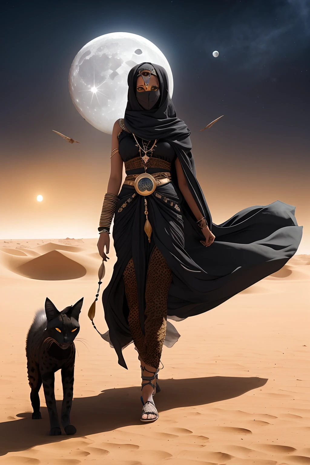 Female djinn walking in desert with one black serval, perfect symmetrical eyes, moon close in the sky, swirling winds, dust sandy, dust soiling clothes, hawk flying in sky, 24k resolution, hyperdetailed