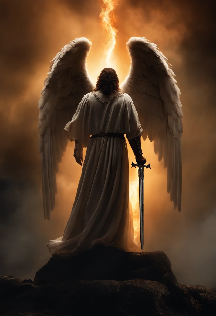 an image of an angel with a sword standing in hell, Anjo no inferno, arcanjo, anjos vs soldados, angel watching demon, angels and demons, anjo protegendo o homem, Arcanjo Miguel, O Anjo da Morte, Battle between angels and demons, anjo super largo, epic angel wings, angels protecting a praying man, necessidade humana anjo da morte. ((imagem epica)), ((alta qualidade))