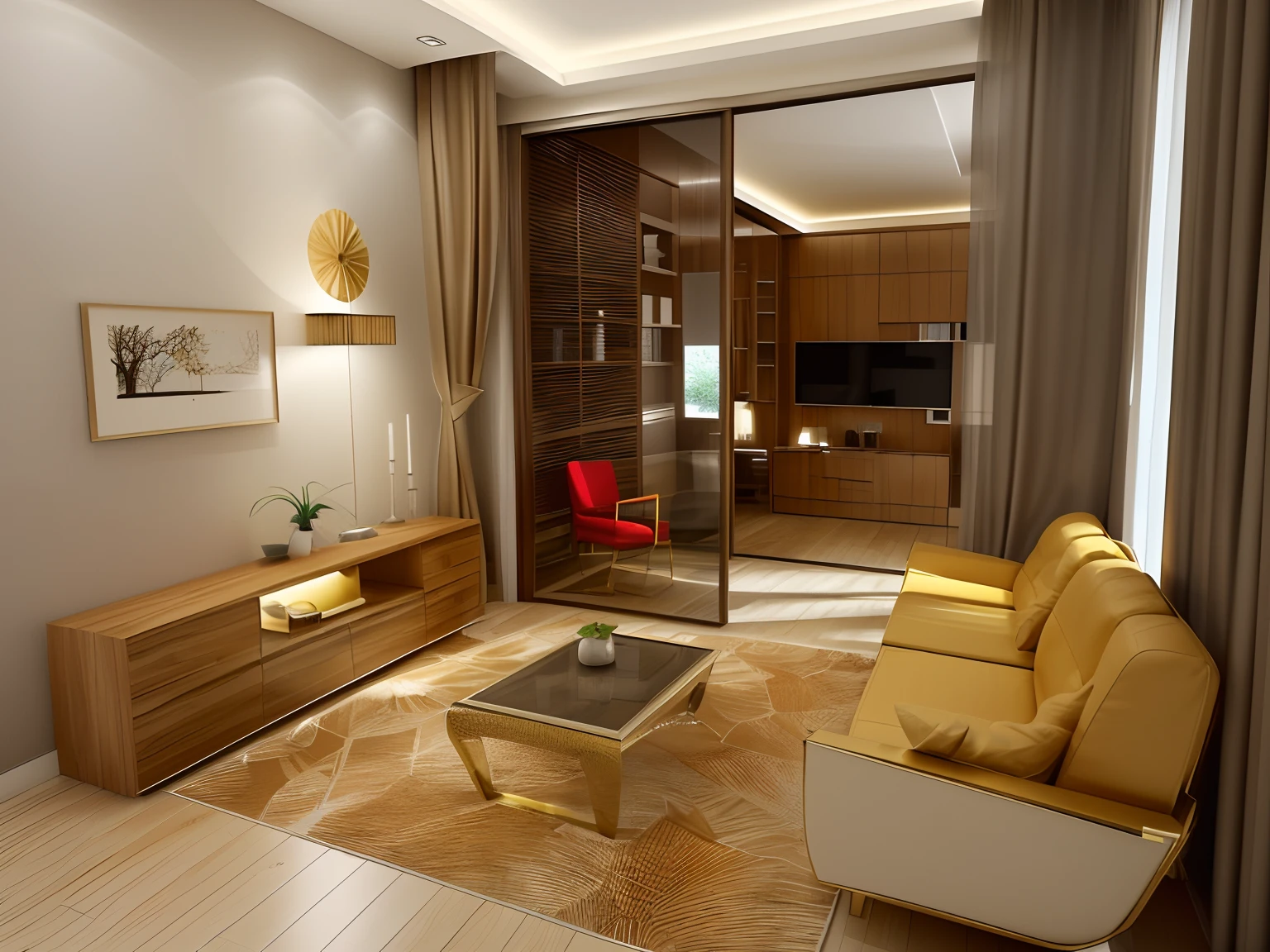 there is a living room with a couch, coffee table, and television, interior living room, apartment design, in style of 3d render, high quality 3d render, high quality 3 d render, render vray, render in vray, vray rendered, 3 d vray render, rendered in vray, stuning 3 d render, living room interior and combine This is a photo realistic image of a luxurious living room with a modern Asian design. The room has a high ceiling with a wooden fan and recessed lighting. The walls are painted a warm beige color with a large circular painting of red flowers hanging on the wall. The furniture consists of a wooden coffee table, two sofas, and two armchairs with white cushions. The floor is covered with a plush white rug. The room also has a wooden screen with a geometric pattern and a white fireplace. The room is decorated with vases, books, and other accessories.