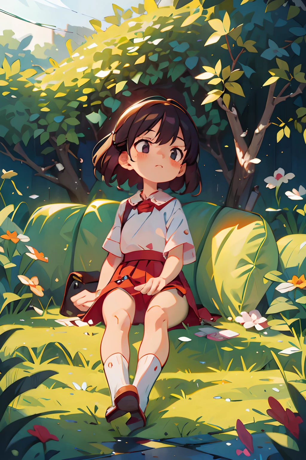 Best quality, Masterpiece,, illustration, the wallpaper，1girll, Solo，White shirt, Red skirt, Socks, double tails,at the lakes，contemplative，