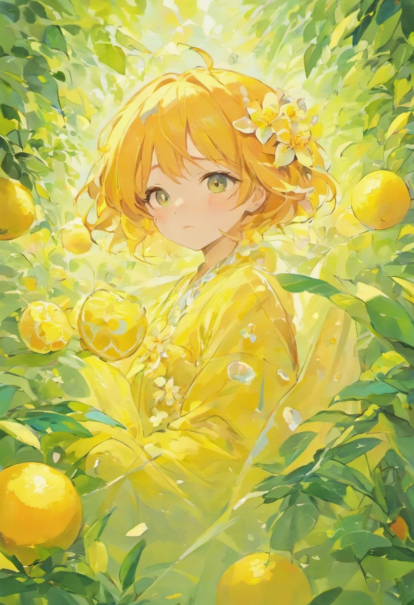 Yuzu,Yuzu flowers,painting of a,aquarelle,sketching,Floralism,a plant,the fruits,Slice the grapefruit,Grapefruit,Ripe pomelo,Grapefruit peel,orange colors,green color,white colors