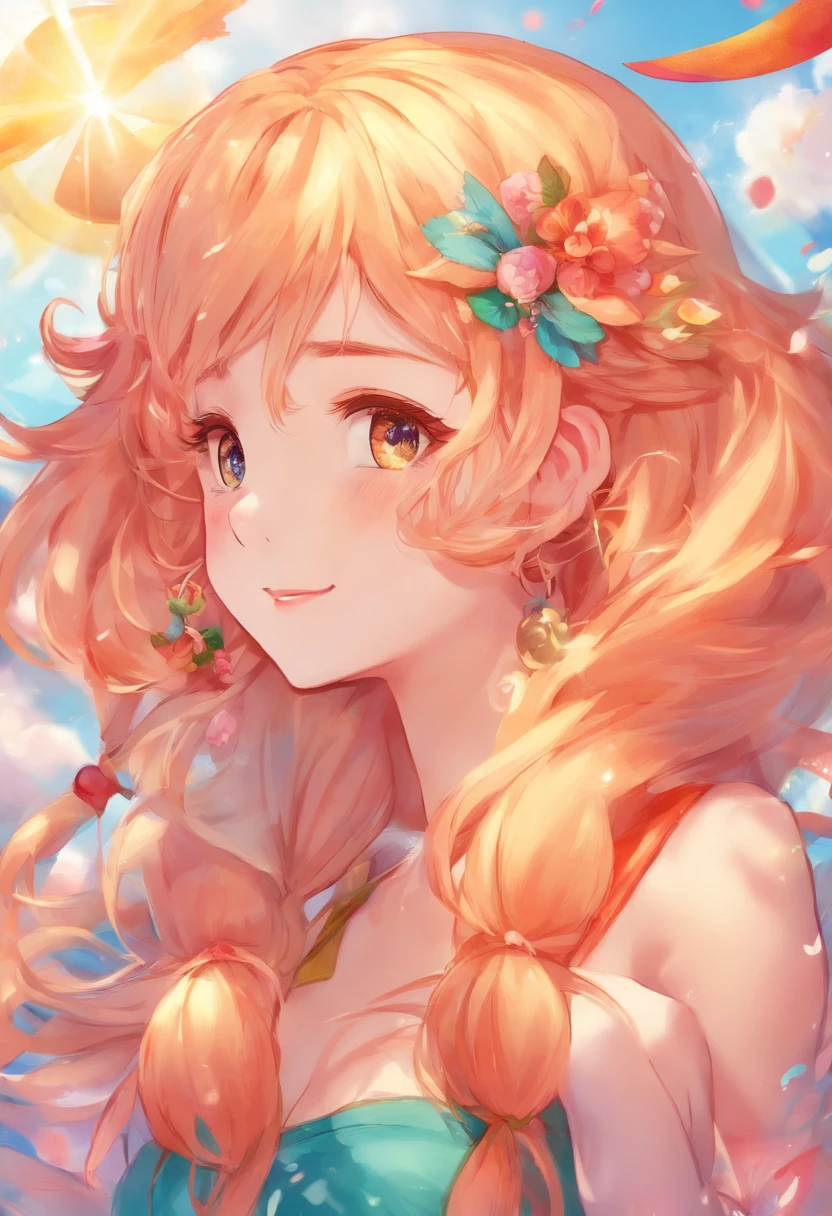 obra-prima, melhor qualidade, filme ainda, 1girl, garota nuvem, floating into the sky, close-up, brilhante, feliz, Soft lighting and Warm, sun sunset, (Sparks: 0,7),enorme conjunto de nuvens em espiral,elfa anime de cabelos vermelhos,staff raised towards the spiral, vista de perfil ,