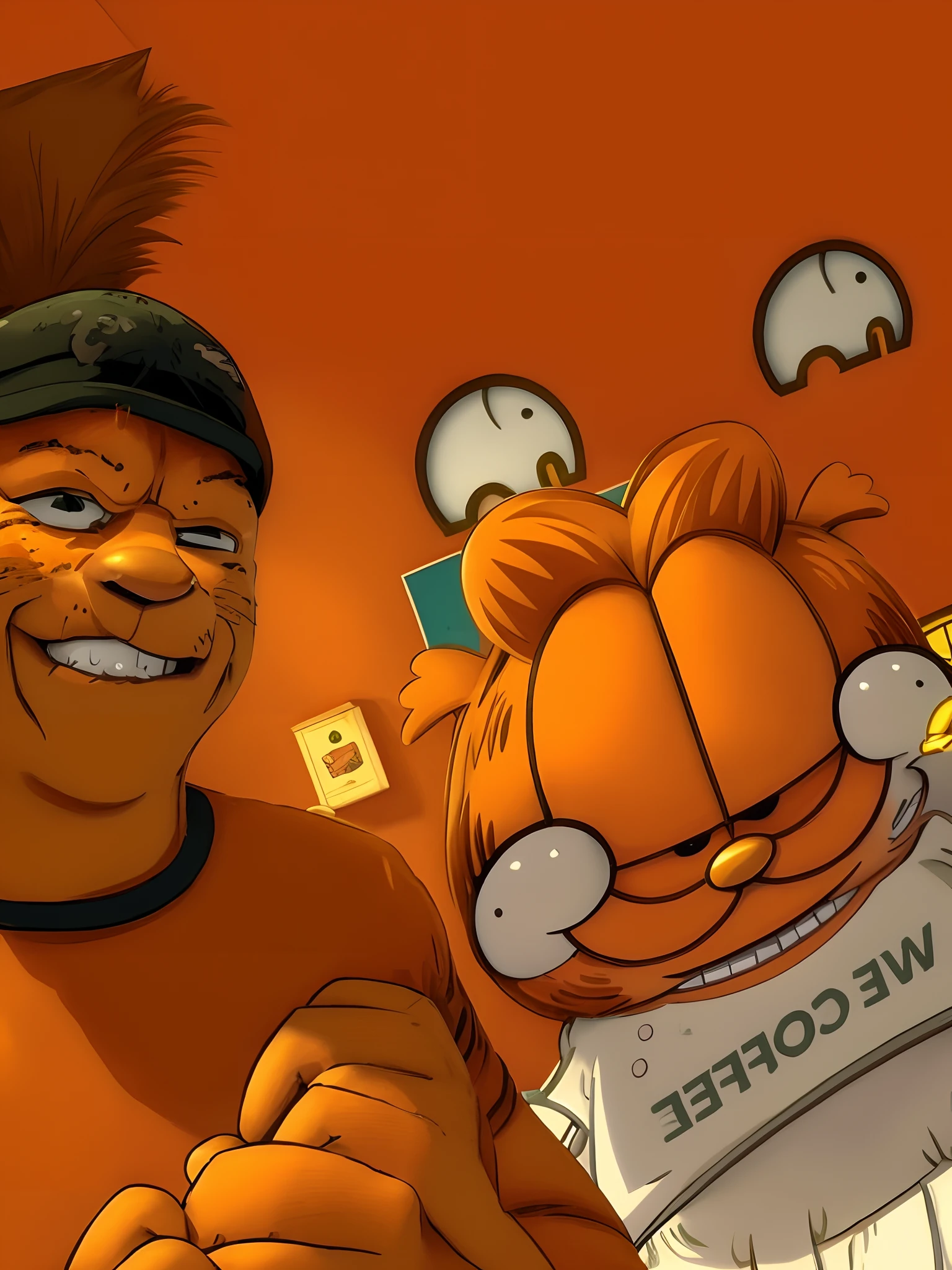 Homem sorridente de camisa branca segurando um adesivo de Garfield, Com Garfield, o gato dos desenhos animados, Garfield, Michel jaguatirica, Retrato de Garfield, Gumball Watterson, arte dos desenhos animados, Captured not iPhone, heron preston, Quadrinhos de Garfield, foto do perfil, Postagem no Reddit, the amazing world of gumball, Garfield Catface, Garfield, o gato, Directed by: Mario Cooper,32k