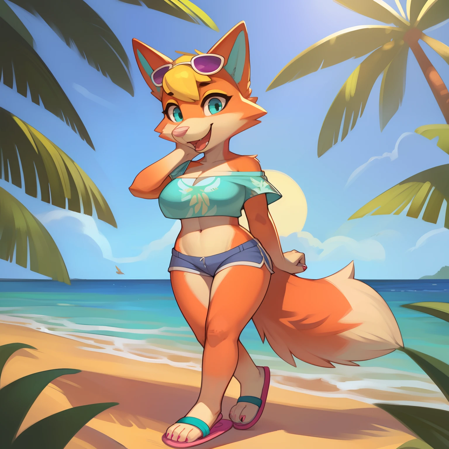 [audie], [pineapple dress], [Animal Crossing], [Uploaded to e621.net; (Pixelsketcher), (wamudraws)], ((masterpiece)), ((solo portrait)), ((full body view)), ((feet visible)), ((furry; anthro)), ((detailed fur)), ((detailed shading)), ((beautiful render art)), {anthro; (orange fur, pink nose), cute teal eyes, fox ears, excited smile, mouth open, white teeth, fluffy fox tail, (defined leg muscles), (beautiful feet), (curvaceous hips), big boobs, (cleavage)}, {(teal off-shoulder crop top with pineapple pattern), (midriff), (khaki shorts), (sunglasses on head), (flip-flops)}, {(looking at viewer), (hands behind back), (walking), (pigeon-toed)}, [background; (tropical trees), (ocean), (sun rays)]