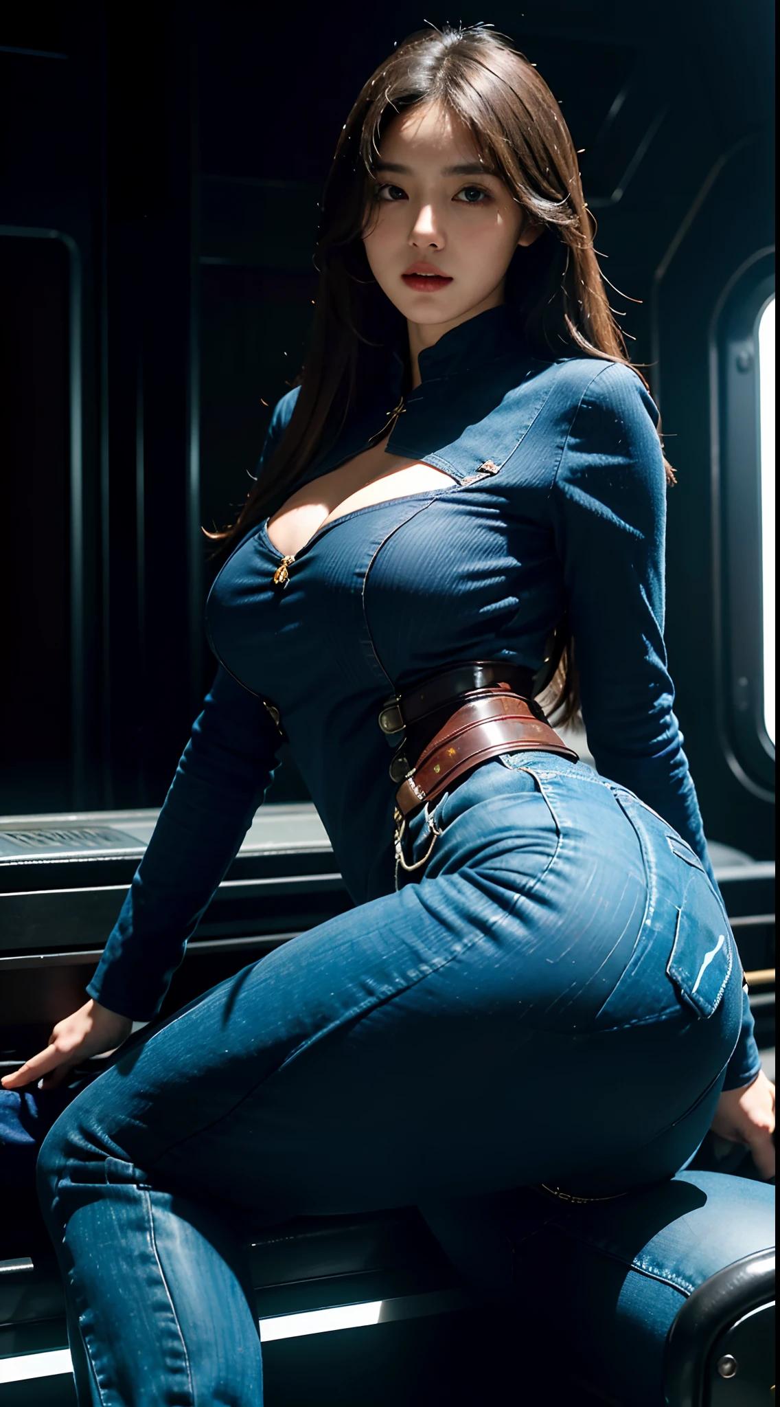 Highest image quality,Outstanding details,超高分辨率,(Fidelity:1.4),The best illustration,Favor the details,locomotive,Highly cohesive 1girl,He has a delicate and beautiful face,,sexy for,The figure is bumpy,Upturned buttocks,Big-breasted,Expose thighs and chest,Attached to the locomotive,Colored,In the dark blue mech,Hold the direction controller,The background is a high-tech lighting scene in the future city。