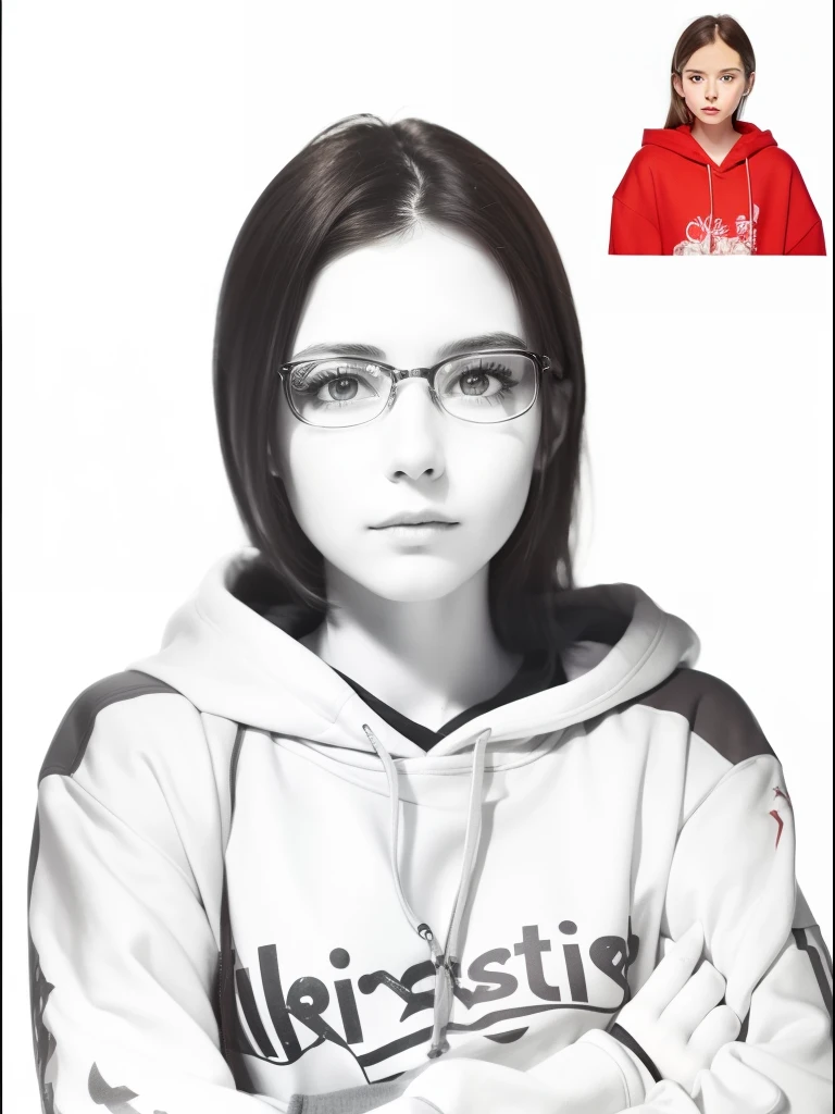 ((Masterpiece)), ((Best quality)), ((A high resolution)), ((finedetail)),1girl,European, 19 year old, shoulder straight dark brown hair, red hoodie jumper, arms crossed, small breasts