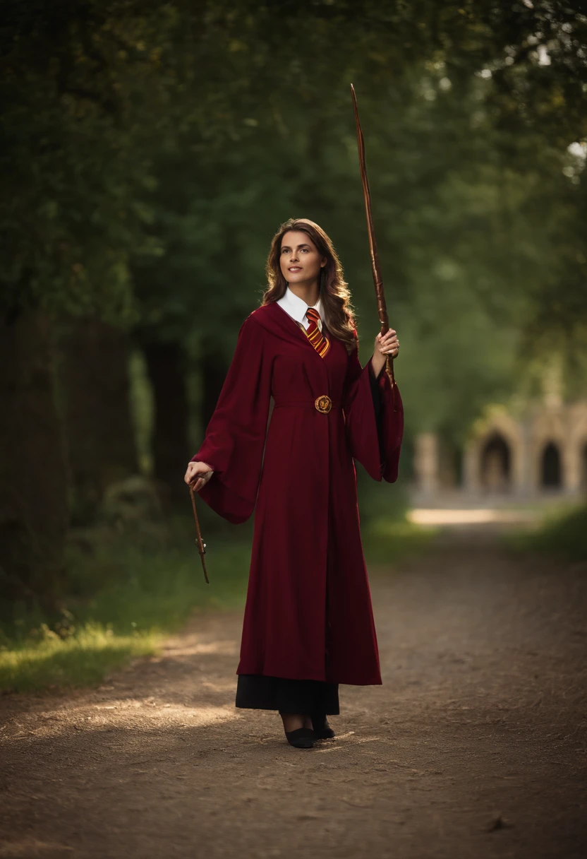 Arad woman in Harry Potter robes holding wands, wearing hogwarts,Robes,wearing black wizard robes, wearing wizard robes, Gryffindor, Magical school student uniform, magic school uniform, magic uniform university, academic clothing, wearing robes and neckties, Wizard robes, hogwarts style, wearing red sorcerer's robes, High quality clothing,medium shot