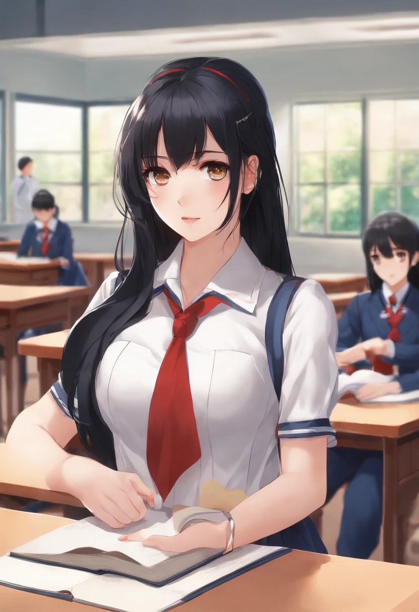 Anime black hair school girl, revealing school uniform, in class, alone