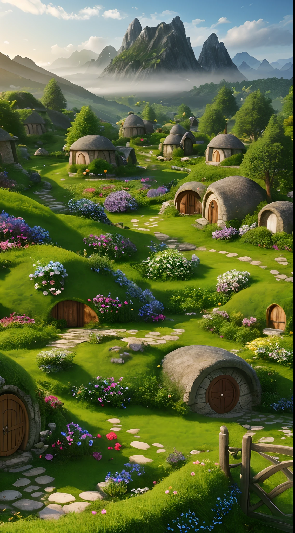 Landscape hobbit village, house with round windows and doors, small garden with small flowers, fantastic spring elf forest, flowers, sun, mountains in the mist in the background. High Quality, Hobbit Movies, Lord of the Rings Movies, Lord of the Rings Movies CG Unity 8k cg Unity 8k