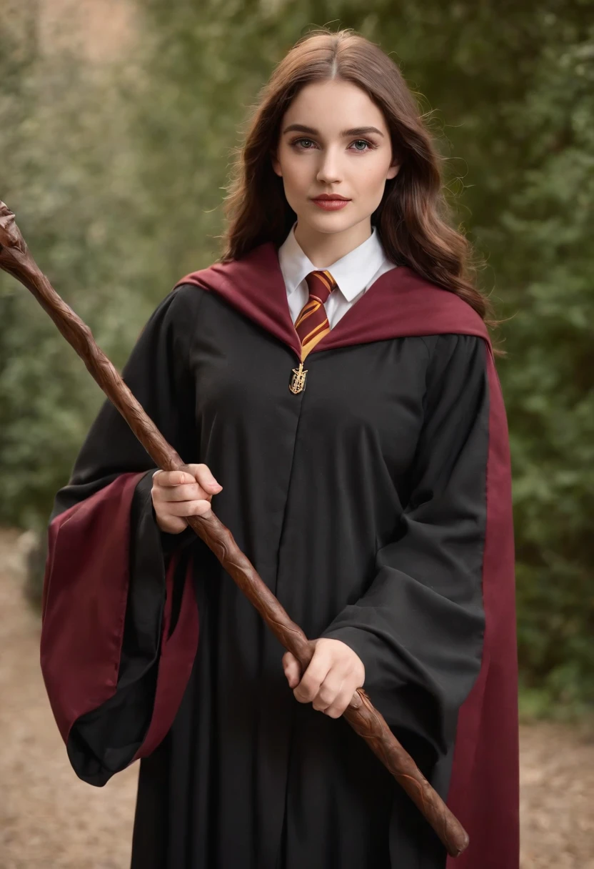 Arad woman in Harry Potter robes holding wands, wearing hogwarts,Robes,wearing black wizard robes, wearing wizard robes, Gryffindor, Magical school student uniform, magic school uniform, magic uniform university, academic clothing, wearing robes and neckties, Wizard robes, hogwarts style, wearing red sorcerer's robes, High quality clothing,medium shot