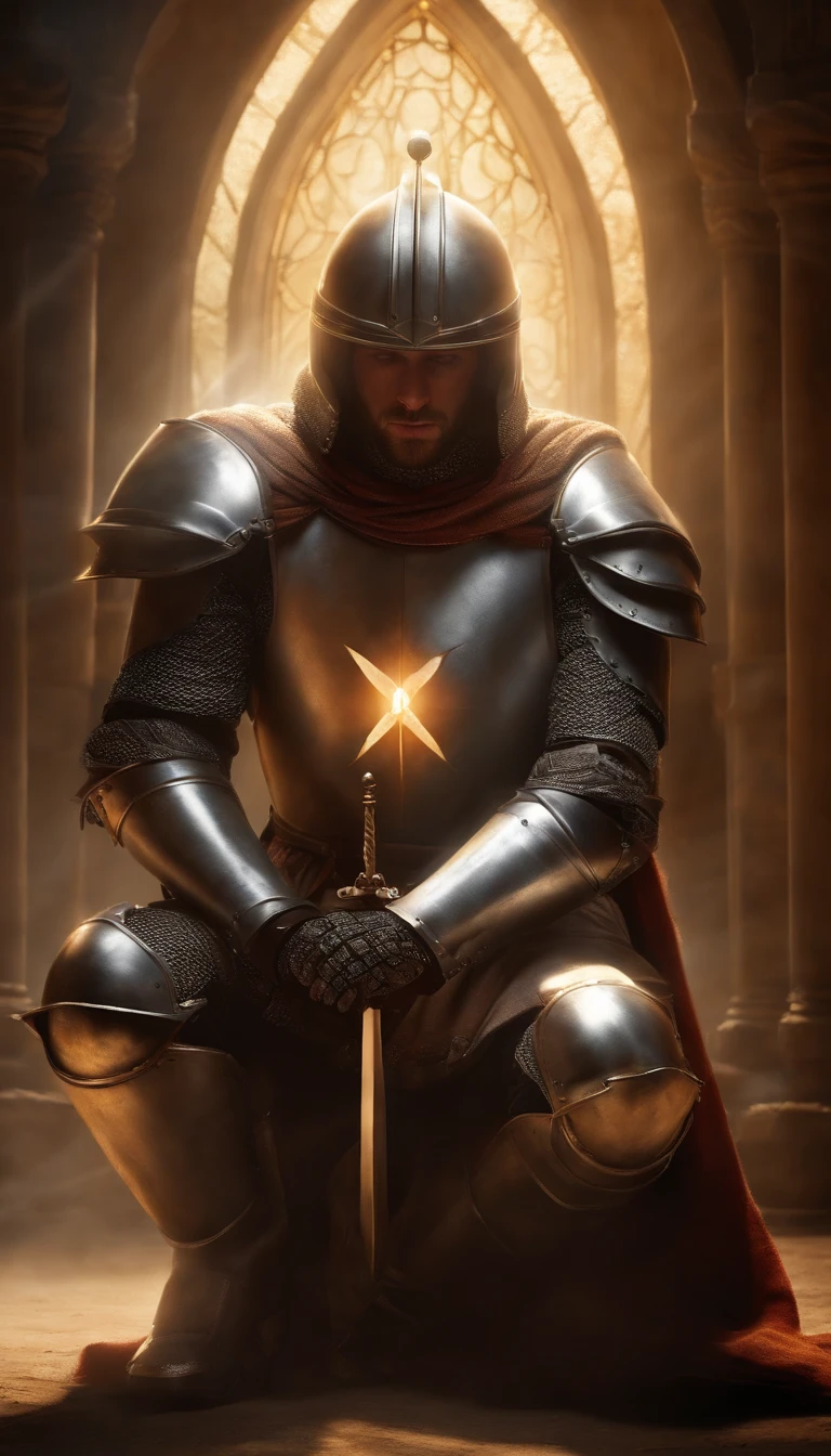The image shows a Knight Templar kneeling in prayer, surrounded by a circle of light. The knight is wearing full armor, But his helmet is off, revelando seu rosto. he's looking up at the sky, with a look of peace and trust on his face.