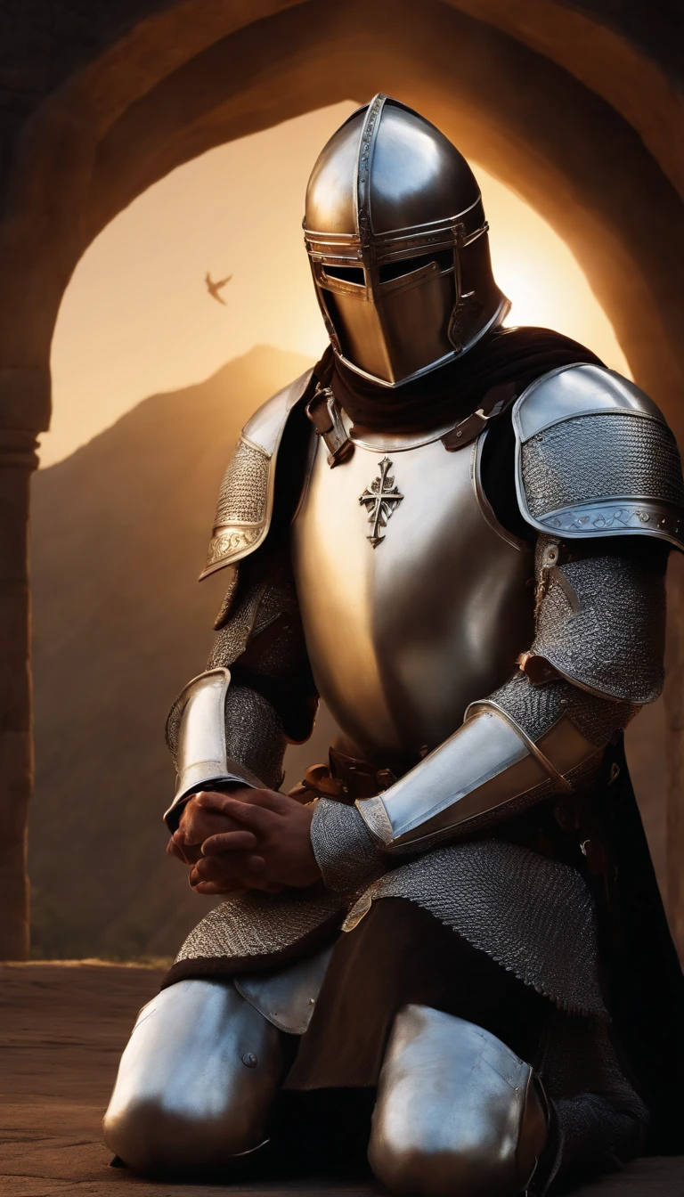 The image shows a Knight Templar kneeling in prayer, surrounded by a circle of light. The knight is wearing full armor, But his helmet is off, revelando seu rosto. he's looking up at the sky, with a look of peace and trust on his face.