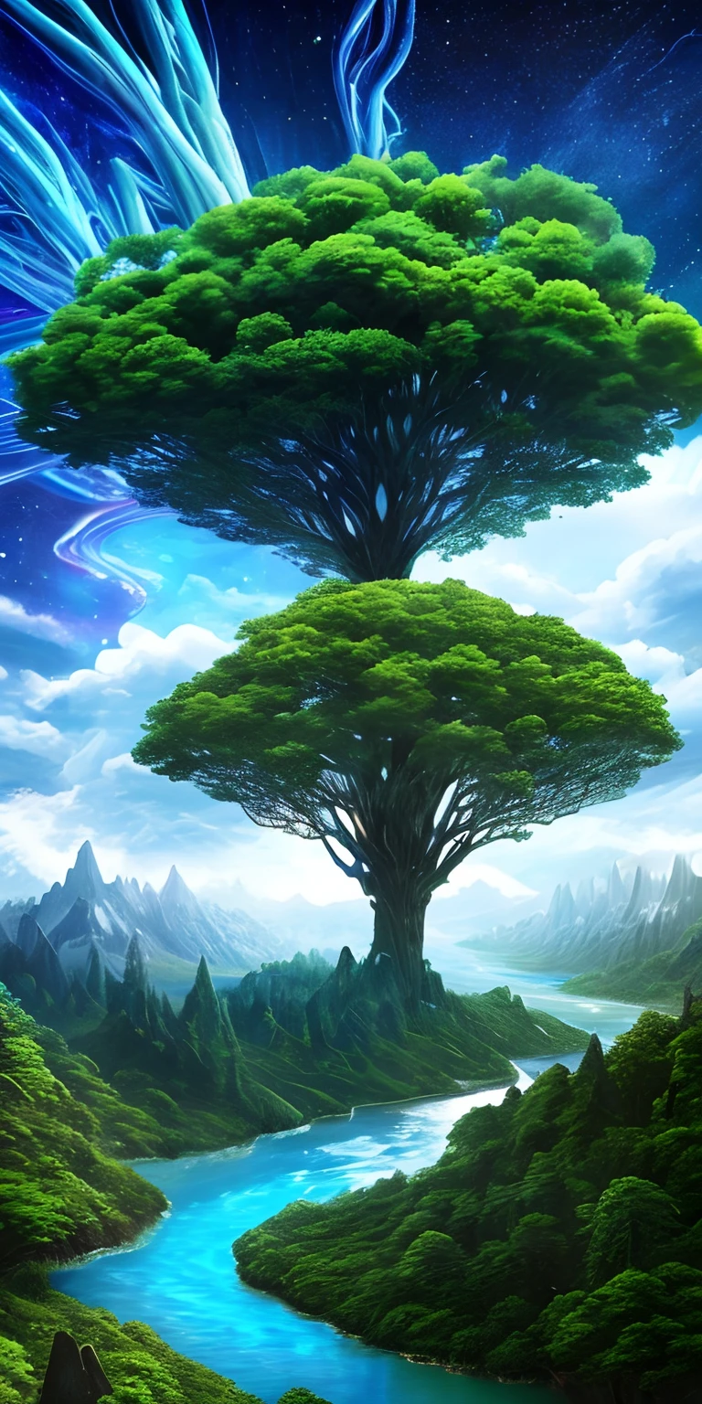 Illustration of a surreal, otherworldly, hyper sky scene including a giant crystal tree full body, highly detailed and magical lighting, intricate forest details, vegetation and surrounding river, solar punk, landscape, giant tree , beautiful green leaves, beautiful lighting and realistic proportions, as if this is a movie background, 8k, highest quality, masterpiece, clouds and stars in the sky.