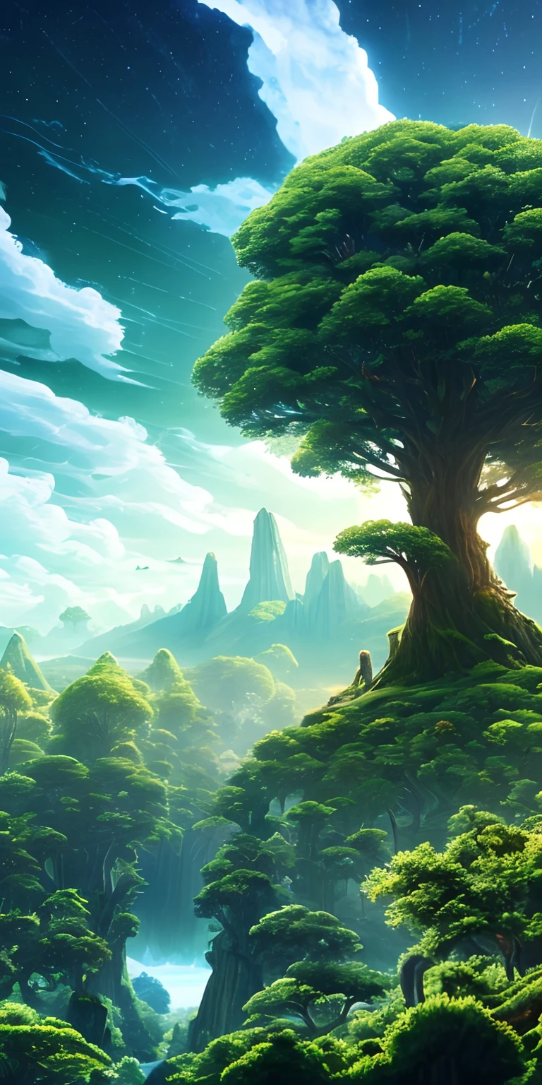 A tree in the middle of a forest with a mountain in the background ...
