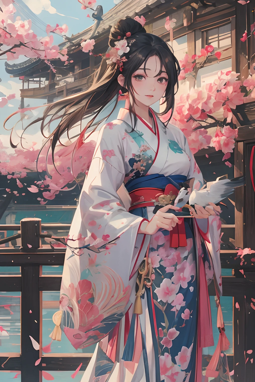 anime girl in a kimono dress with a fan and a bird, palace ， a girl in hanfu, by Yang J, a beautiful artwork illustration, beautiful character painting, artwork in the style of guweiz, beautiful anime artwork, guweiz on pixiv artstation, anime fantasy illustration, guweiz, beautiful digital artwork, flowing hair and long robes