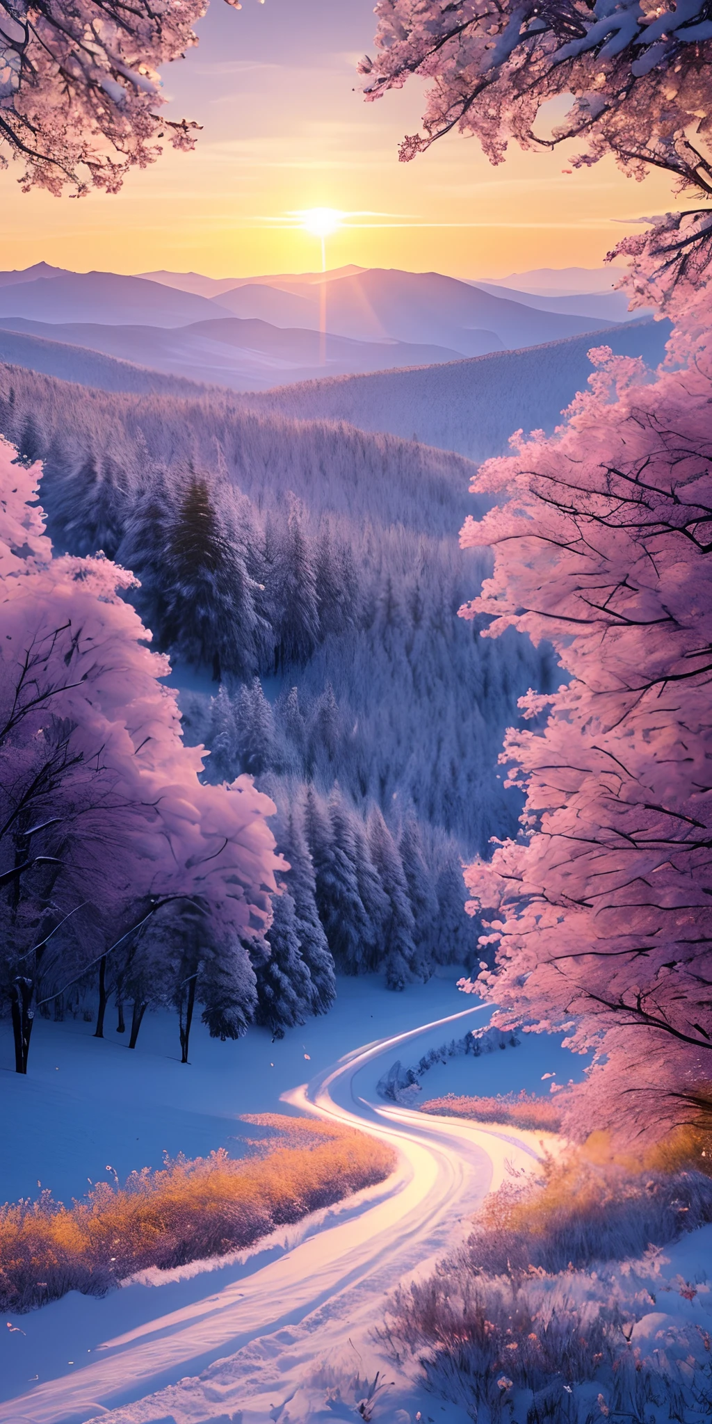 A painting of a snowy landscape with trees and a road - SeaArt AI