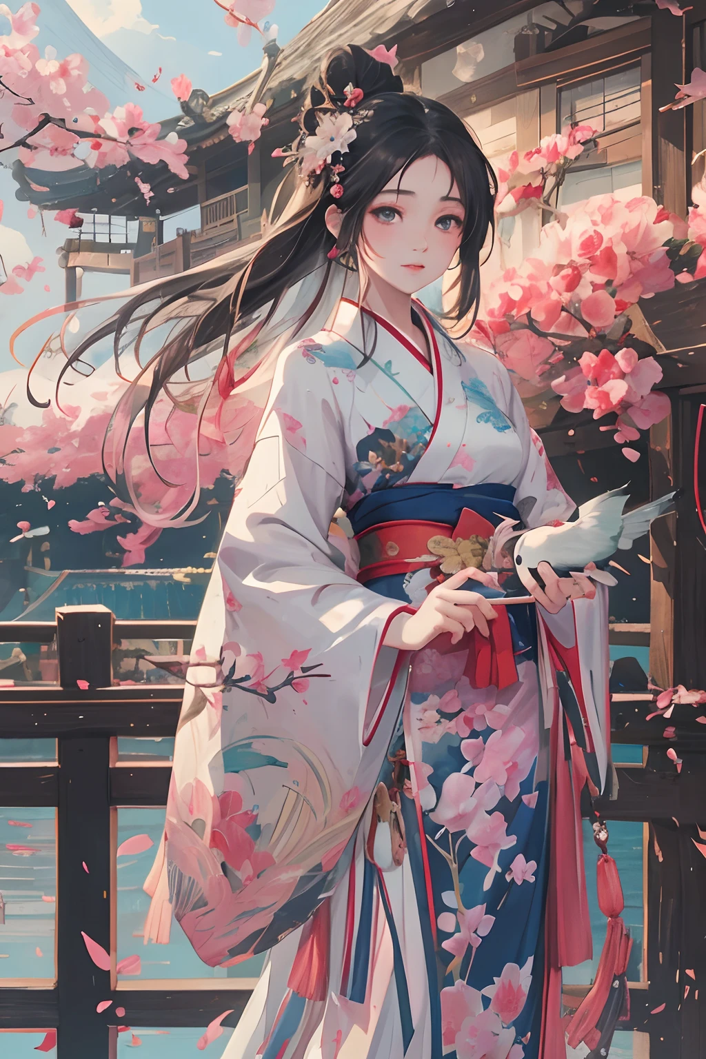 anime girl in a kimono dress with a fan and a bird, palace ， a girl in hanfu, by Yang J, a beautiful artwork illustration, beautiful character painting, artwork in the style of guweiz, beautiful anime artwork, guweiz on pixiv artstation, anime fantasy illustration, guweiz, beautiful digital artwork, flowing hair and long robes