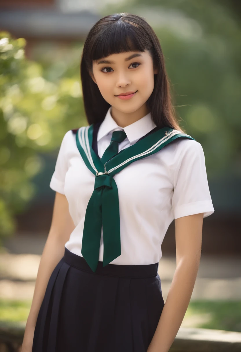 (masterpiece、highest quality、High level image quality、super resolution,8K), (RAW photo:1.2), (Photoreal:1.4), (beautiful girl,sexy,Japanese、cute), Crystal clear black eyes, beautiful black hair, innocent,Not sure , sexyポーズ, (perfect anatomy、perfect and beautiful limbs) , ((Japanese girls' high school uniform、summer、well-maintained、Sense of cleanliness)),laughter , great healthy body, big breasts、finely,garden,Tasteful, sunlight、professional lighting for movies、((dynamic pose)))、(Girl Stand)、professional movie lighting,(artistic pictures)、(Green world)、
