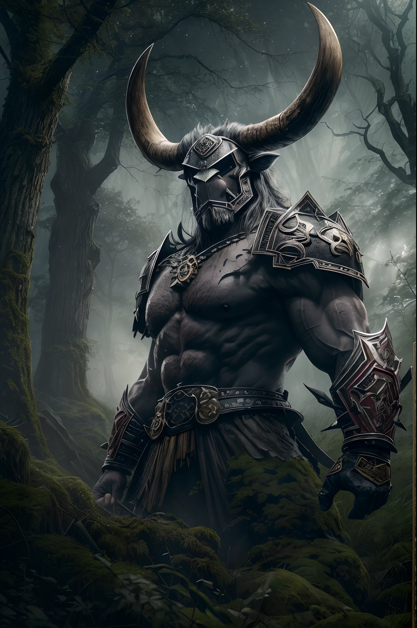 (best quality,4k,8k,highres,masterpiece:1.2),ultra-detailed,(realistic,photorealistic,photo-realistic:1.37),characteristic Bull's Head Minotaurus,samurai armor,longhorn,sharp horns,large muscular body,menacing appearance,ancient forest,moonlit scene,dense foliage,twisted trees,mysterious atmosphere,dark shadows,moss-covered ground,dirt pathway,dappled moonlight,ominous mist,silhouette of a ruined castle,heraldic crest,warhammer,dynamic pose,ready for battle,swift movement,powerful strike,warrior's determination,conflicting emotions in the eyes,blend of strength and vulnerability,ancient conflict reborn with modern twist,historical and mythological fusion