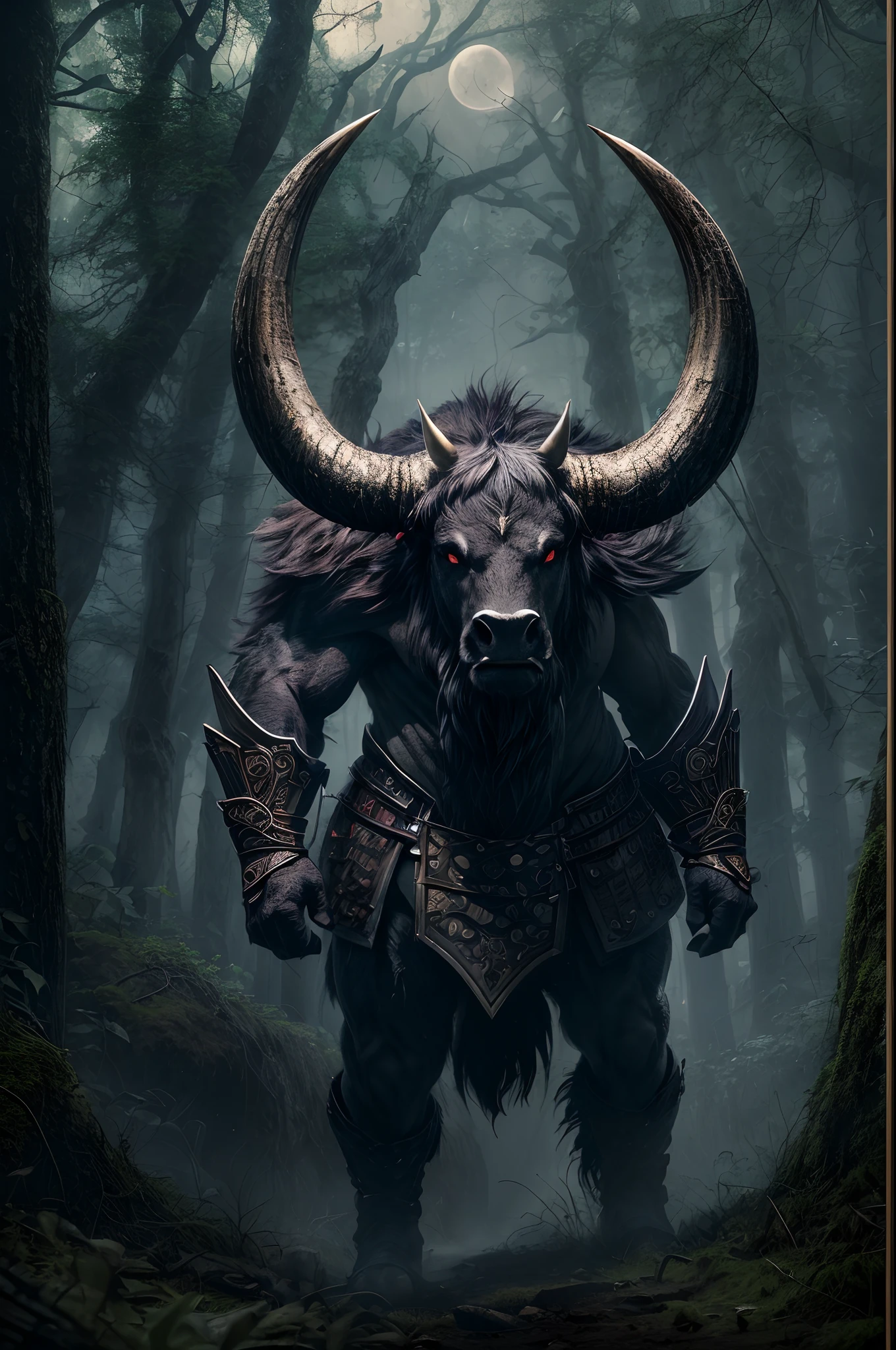 (best quality,4k,8k,highres,masterpiece:1.2),ultra-detailed,(realistic,photorealistic,photo-realistic:1.37),characteristic Bull's Head Minotaurus,samurai armor,longhorn,sharp horns,large muscular body,menacing appearance,ancient forest,moonlit scene,dense foliage,twisted trees,mysterious atmosphere,dark shadows,moss-covered ground,dirt pathway,dappled moonlight,ominous mist,silhouette of a ruined castle,heraldic crest,warhammer,dynamic pose,ready for battle,swift movement,powerful strike,warrior's determination,conflicting emotions in the eyes,blend of strength and vulnerability,ancient conflict reborn with modern twist,historical and mythological fusion