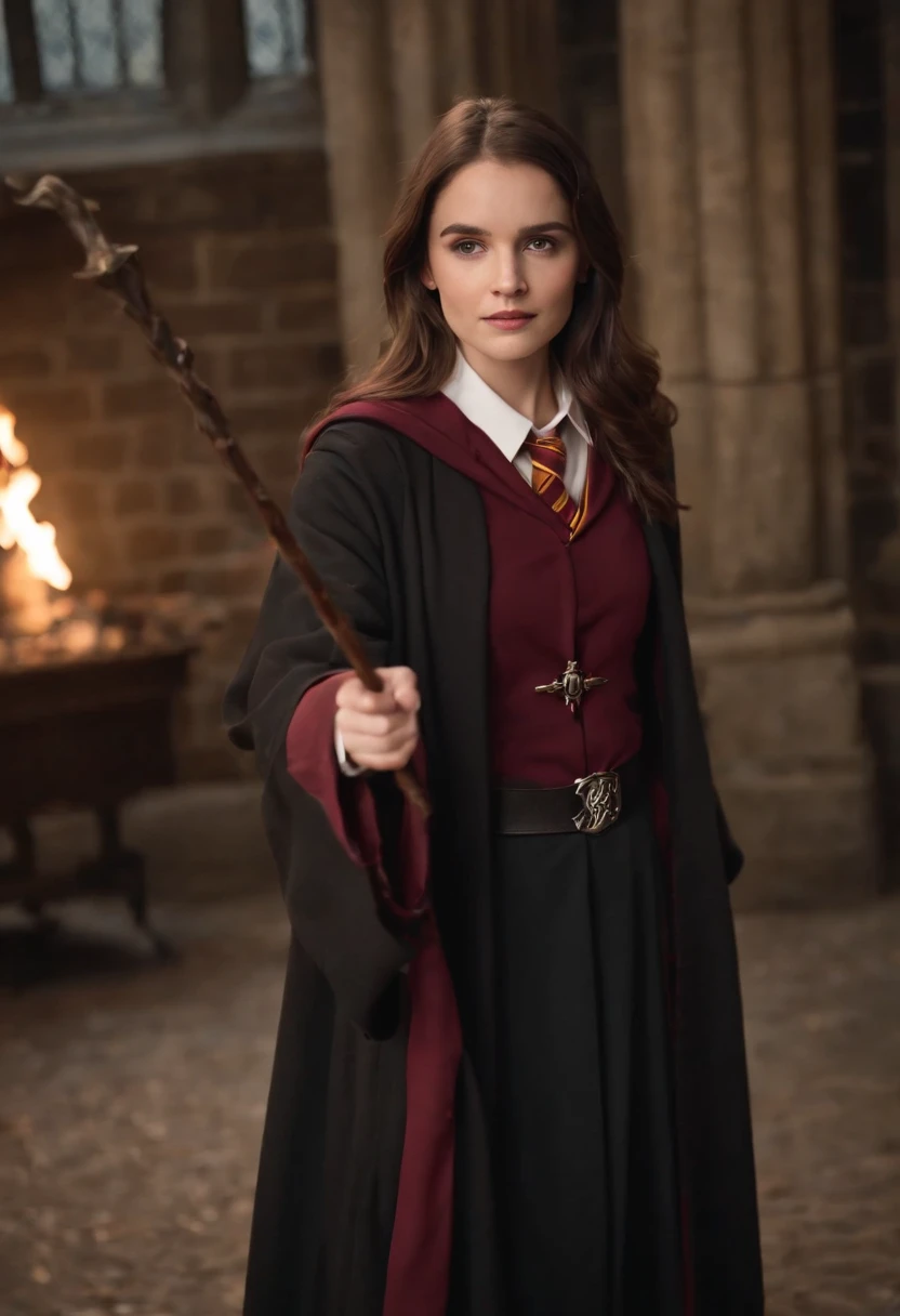 Hermione (Harry Potter character), brown robe, open robe,  naked under robe, waving magic wand