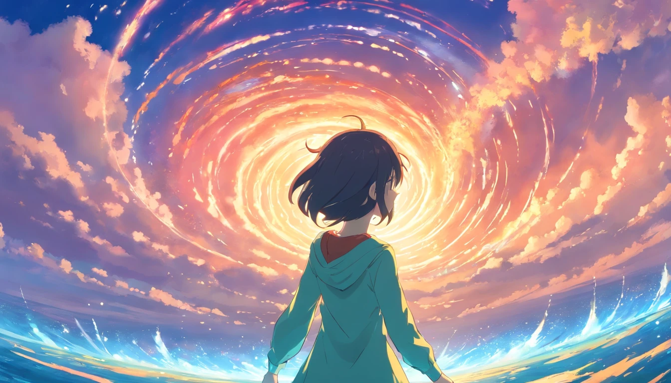 Elfa linda anime, cabelos vermelhos, Spiral cloud whirlpool, anime,Staff raised towards the sky,obra prima,longos cabelos ao vento