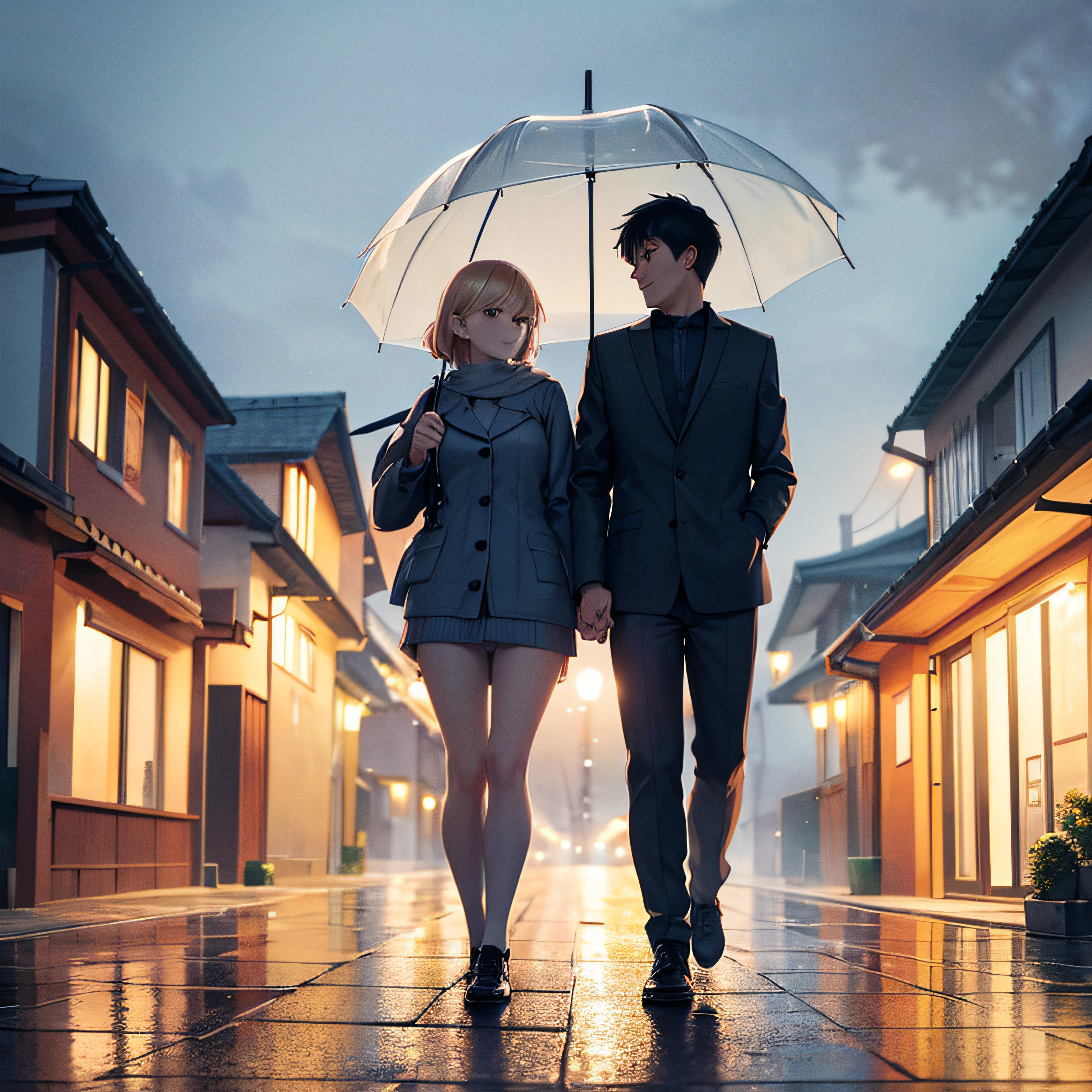 1 couple, walking together, using umbrella, rainy evening, in small village, ultrasharp, 8K, masterpiece